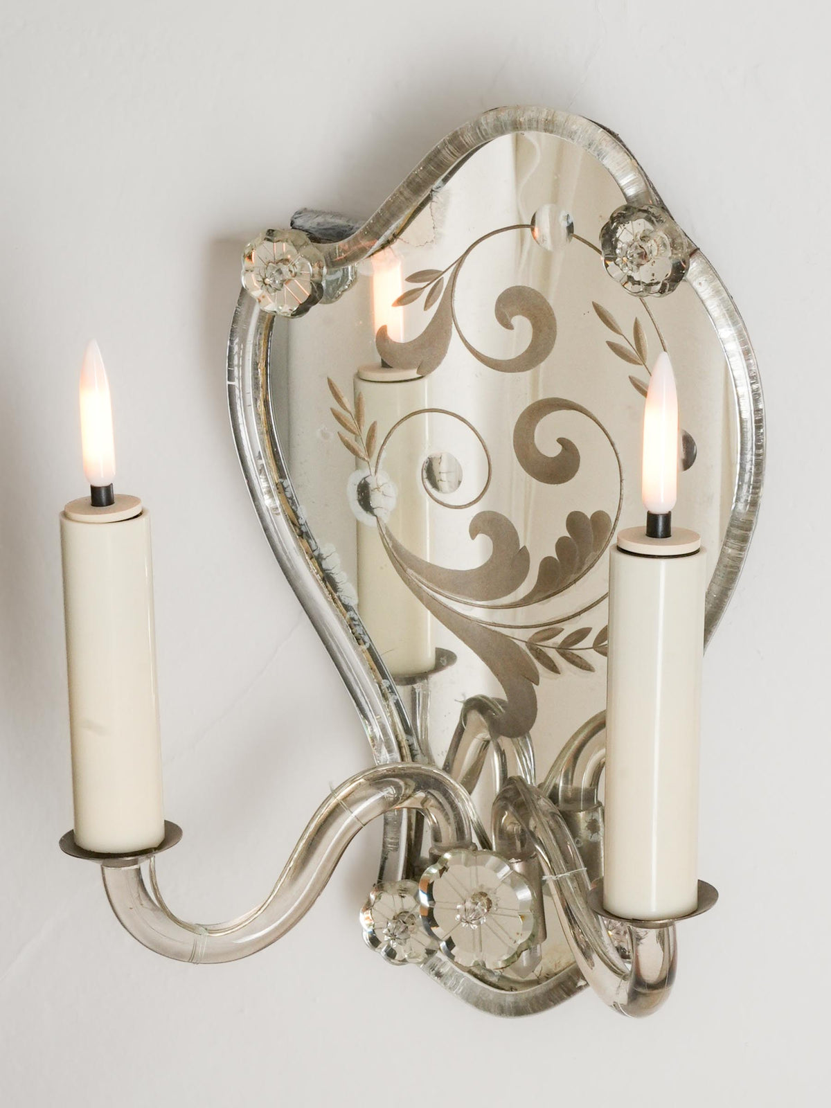 Pair of Early 20th-Century Venetian Engraved-Mirror Sconces - 11¾" x 8¾"
