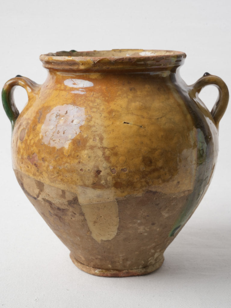 Charming Antique French Confit Pot w/ Ochre and Green Glaze - 9½"