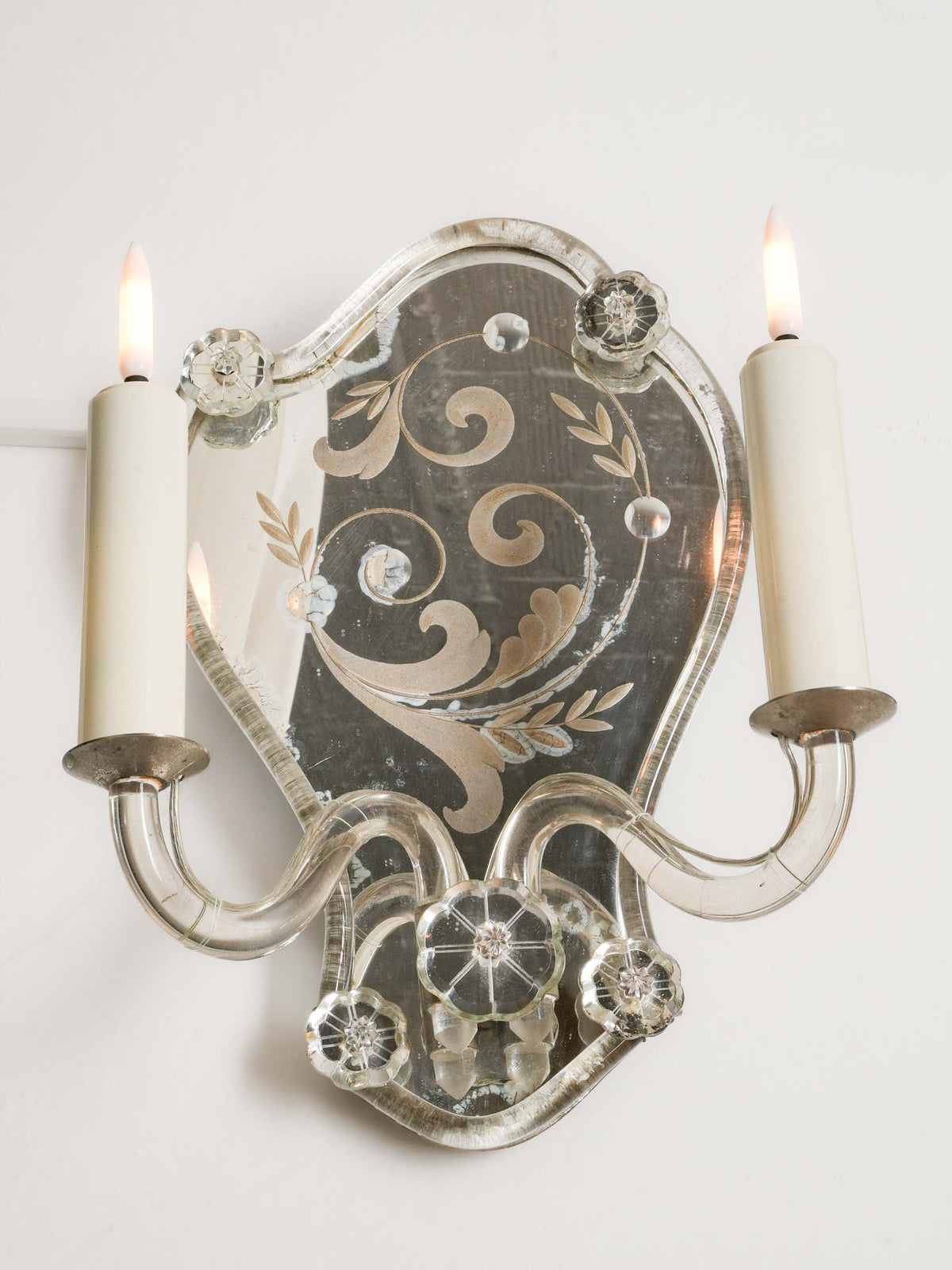 Pair of Early 20th-Century Venetian Engraved-Mirror Sconces - 11¾" x 8¾"