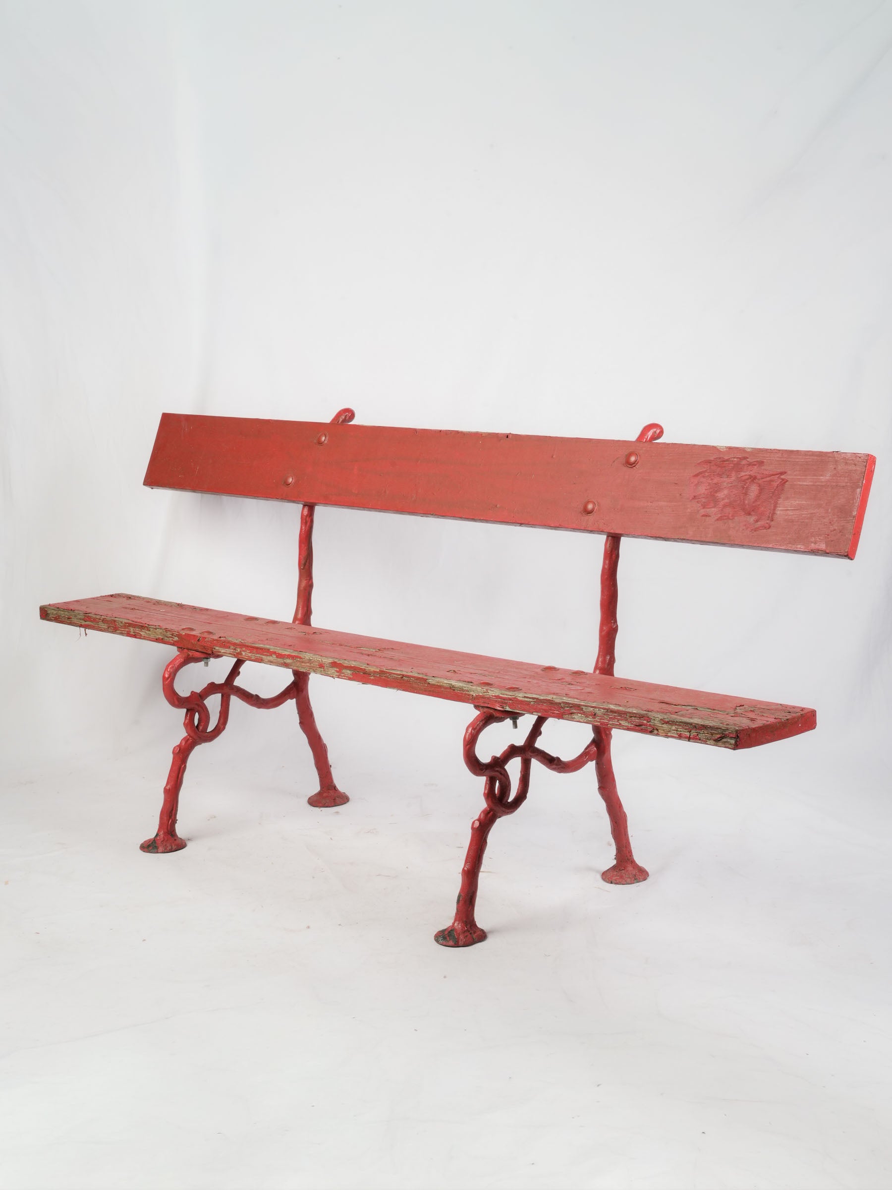 Whimsical Garden Bench w/ Branch-Form Cast Iron Supports and Red Painted Finish - 63"