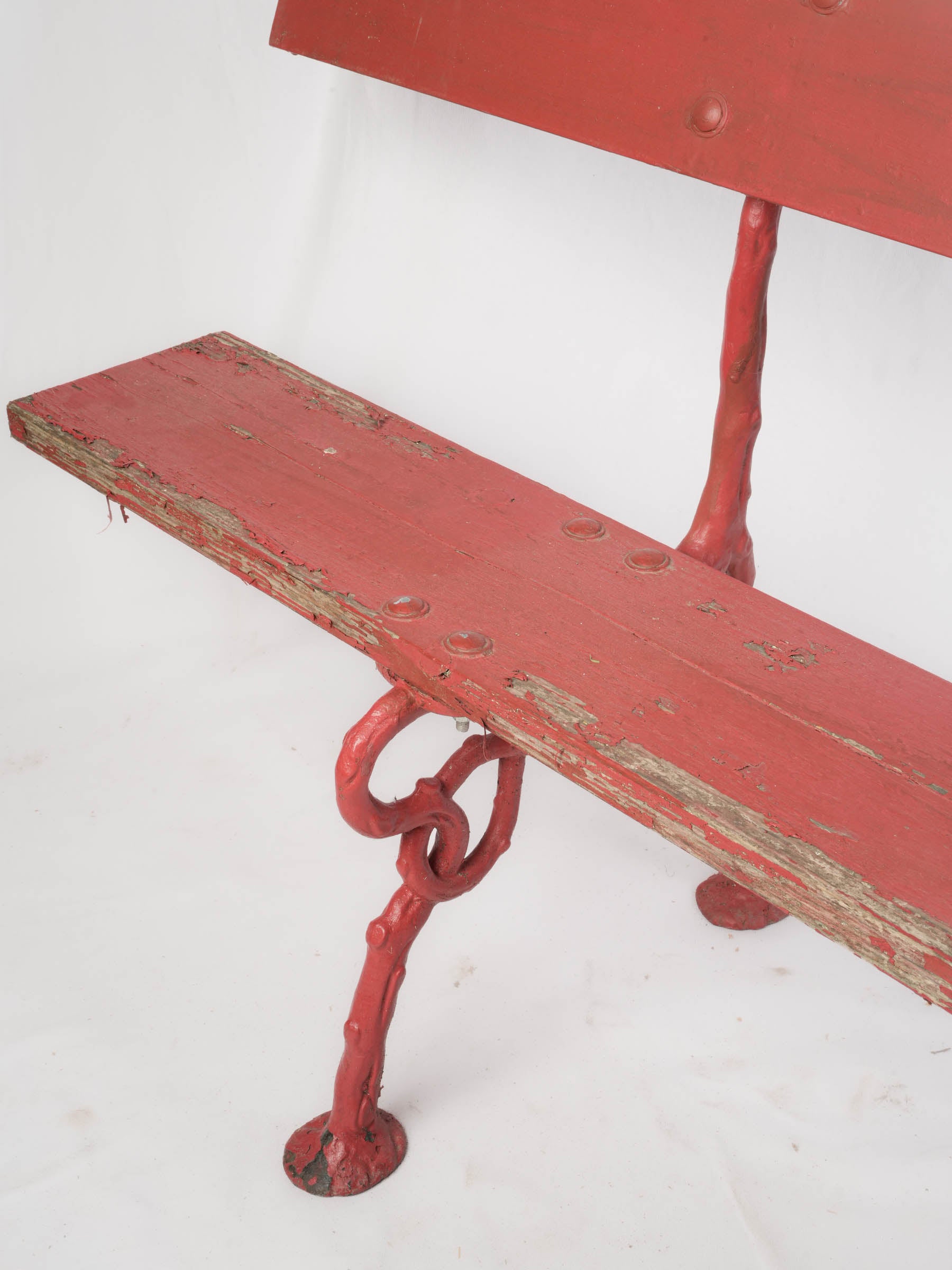 Whimsical Garden Bench w/ Branch-Form Cast Iron Supports and Red Painted Finish - 63"