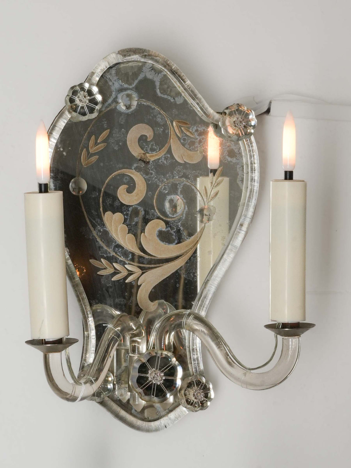 Pair of Early 20th-Century Venetian Engraved-Mirror Sconces - 11¾" x 8¾"
