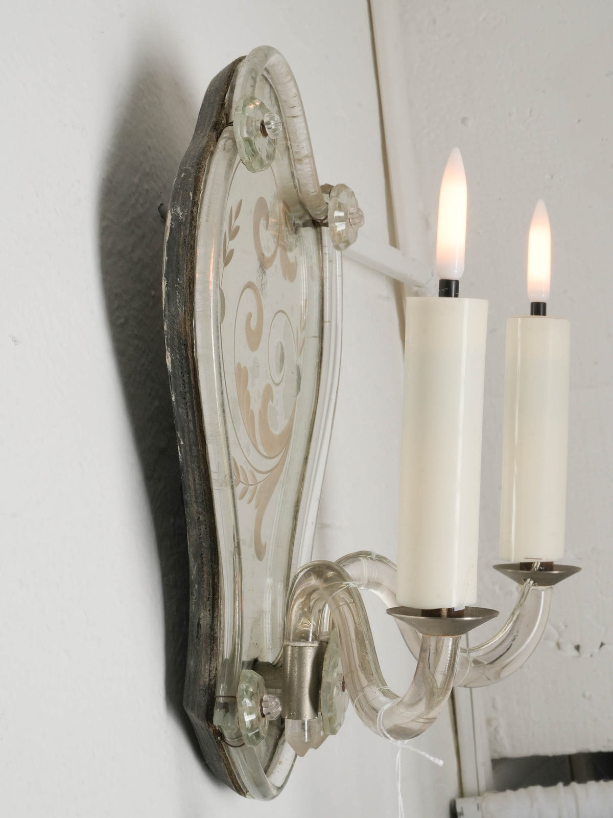 Pair of Early 20th-Century Venetian Engraved-Mirror Sconces - 11¾" x 8¾"