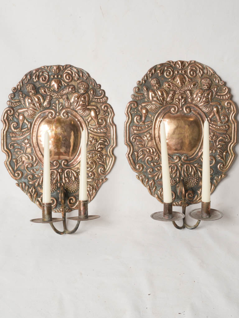 Vintage repoussé twin-branch sconces