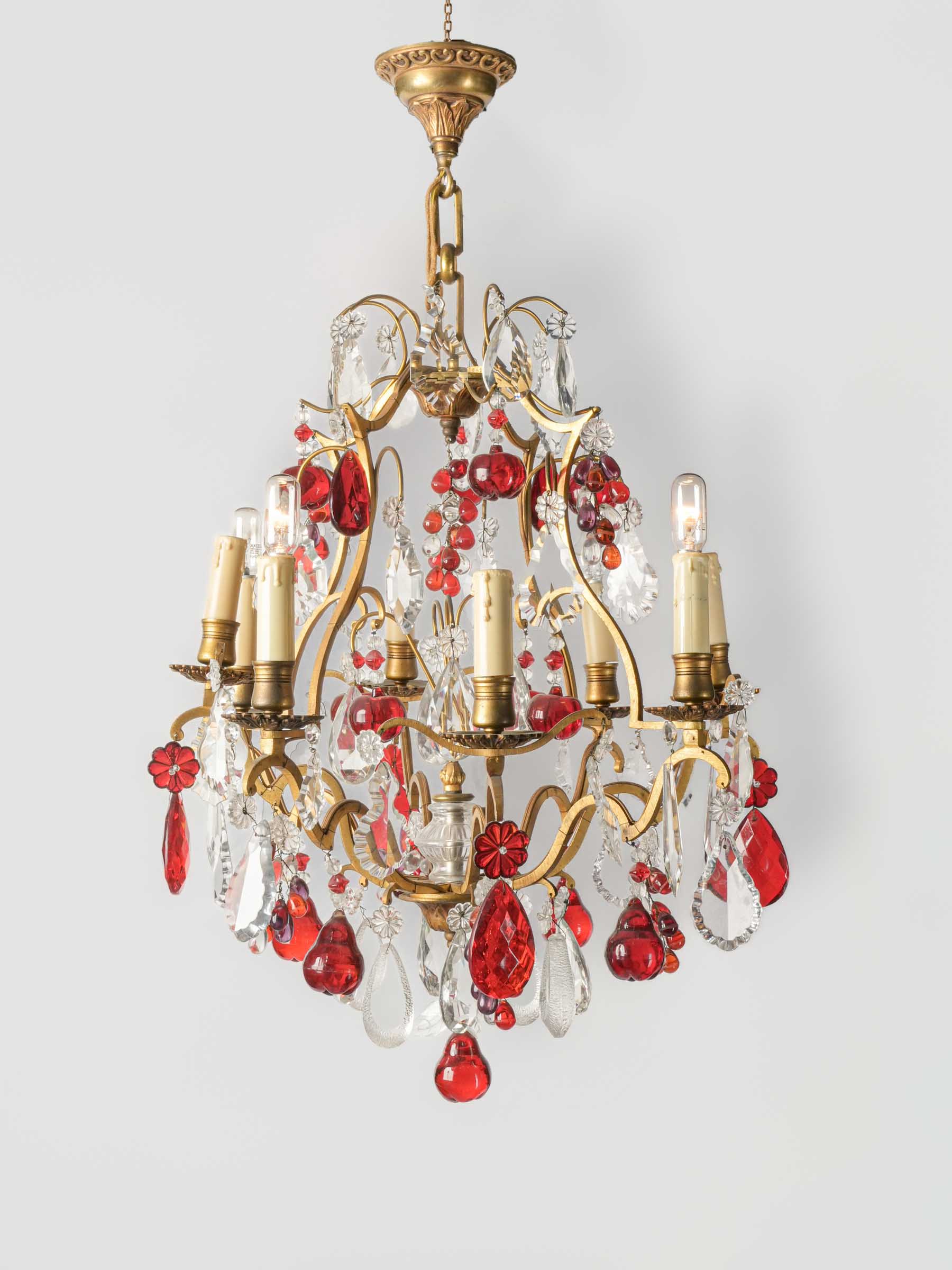 Eight-Light Gilt Bronze Chandelier w/ Abundant Ruby-Red and Clear Glass Pendants, Early to Mid-20th Century - 32¼"