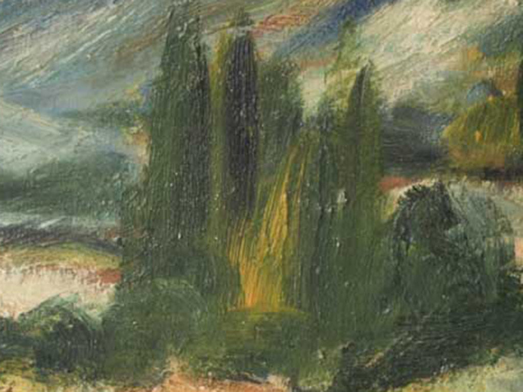 Sunlit countryside scene on wood