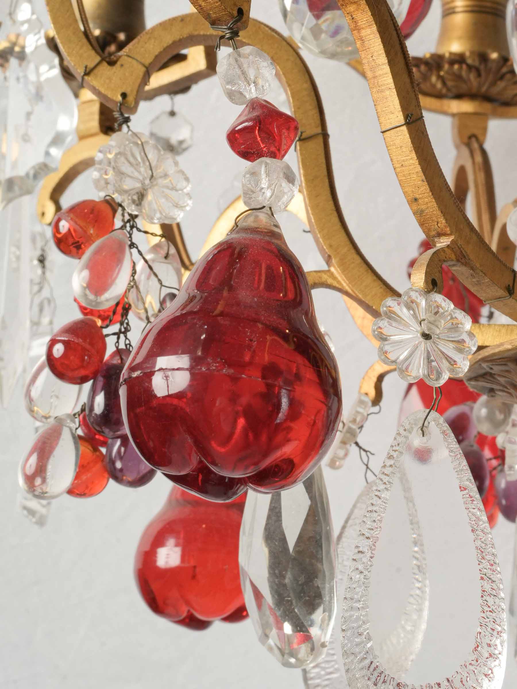 Eight-Light Gilt Bronze Chandelier w/ Abundant Ruby-Red and Clear Glass Pendants, Early to Mid-20th Century - 32¼"
