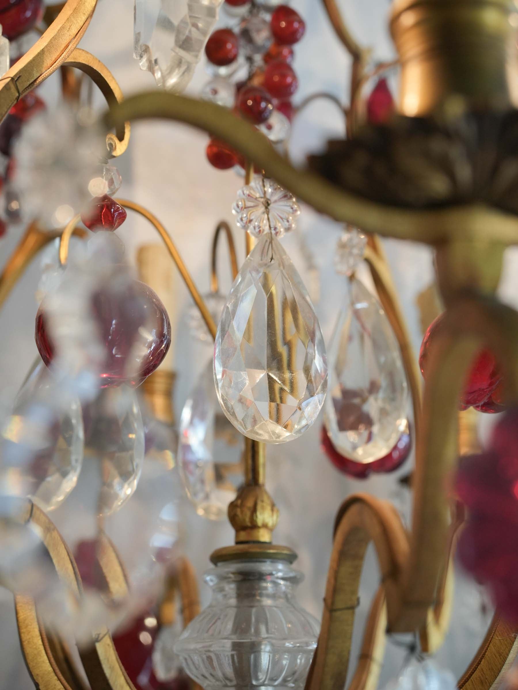 Eight-Light Gilt Bronze Chandelier w/ Abundant Ruby-Red and Clear Glass Pendants, Early to Mid-20th Century - 32¼"