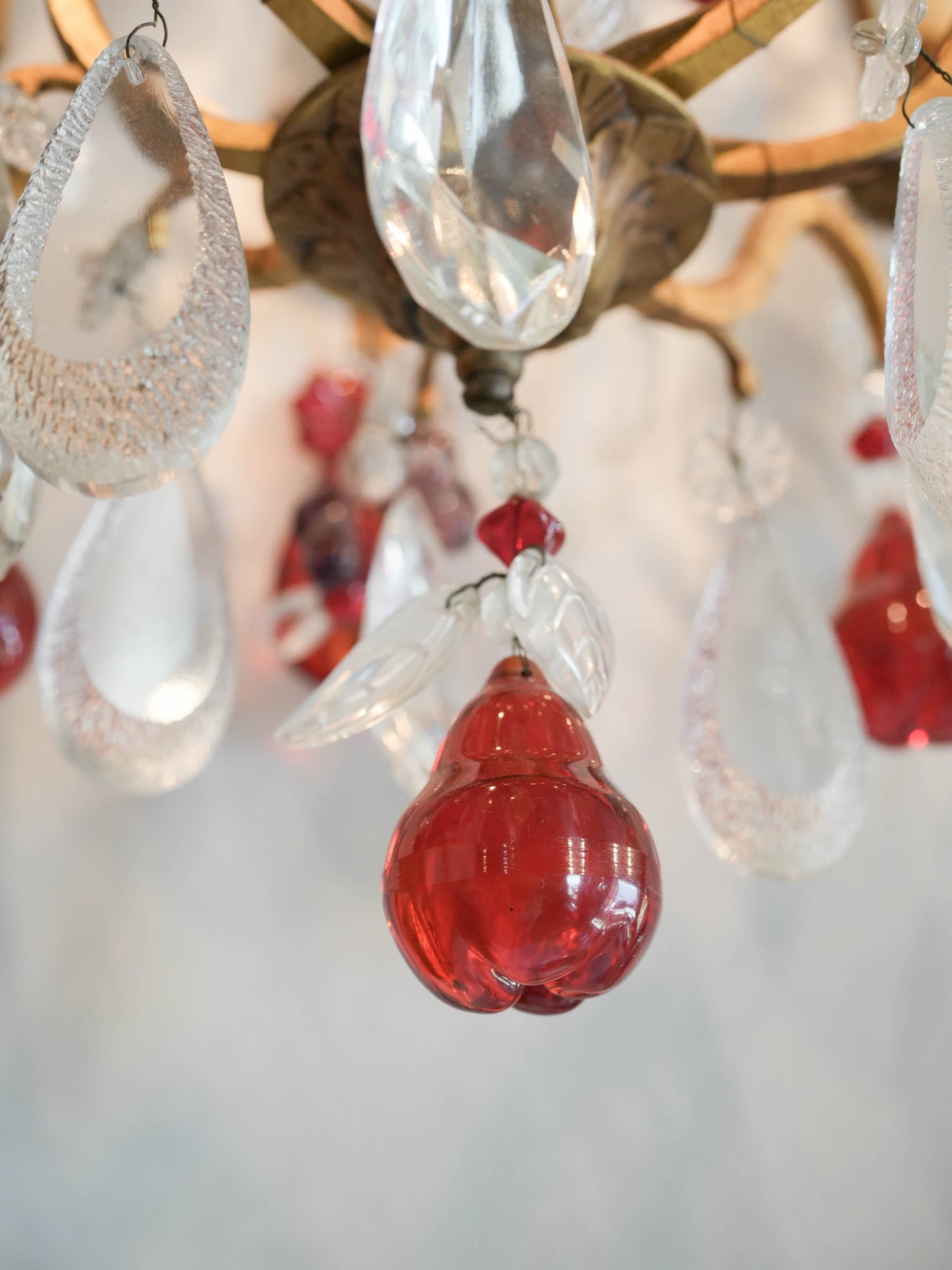 Eight-Light Gilt Bronze Chandelier w/ Abundant Ruby-Red and Clear Glass Pendants, Early to Mid-20th Century - 32¼"