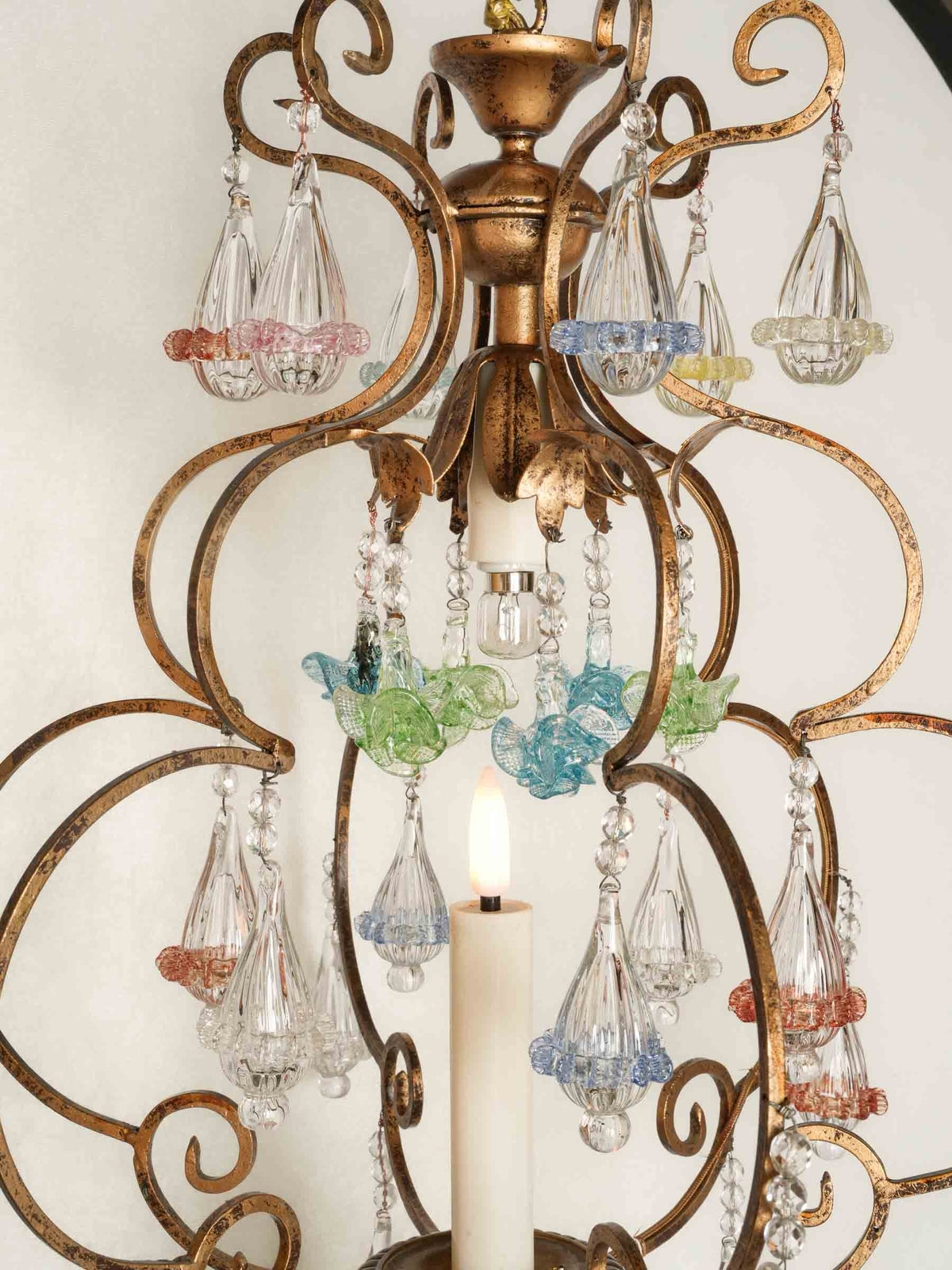 Small Gilt-Metal Cage Chandelier w/ Colored Murano Glass Pendants - 36¼" x 17"