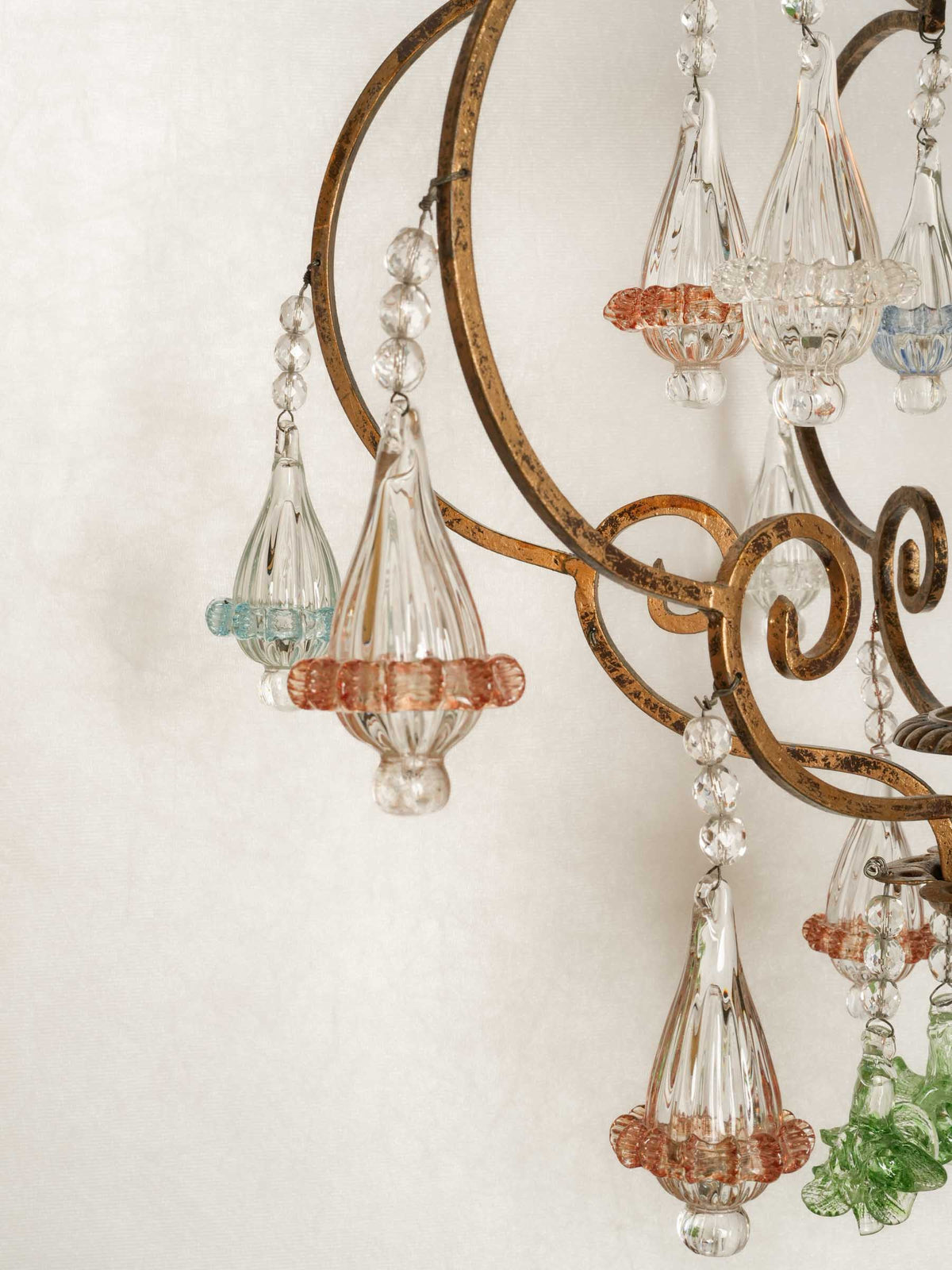 Small Gilt-Metal Cage Chandelier w/ Colored Murano Glass Pendants - 36¼" x 17"