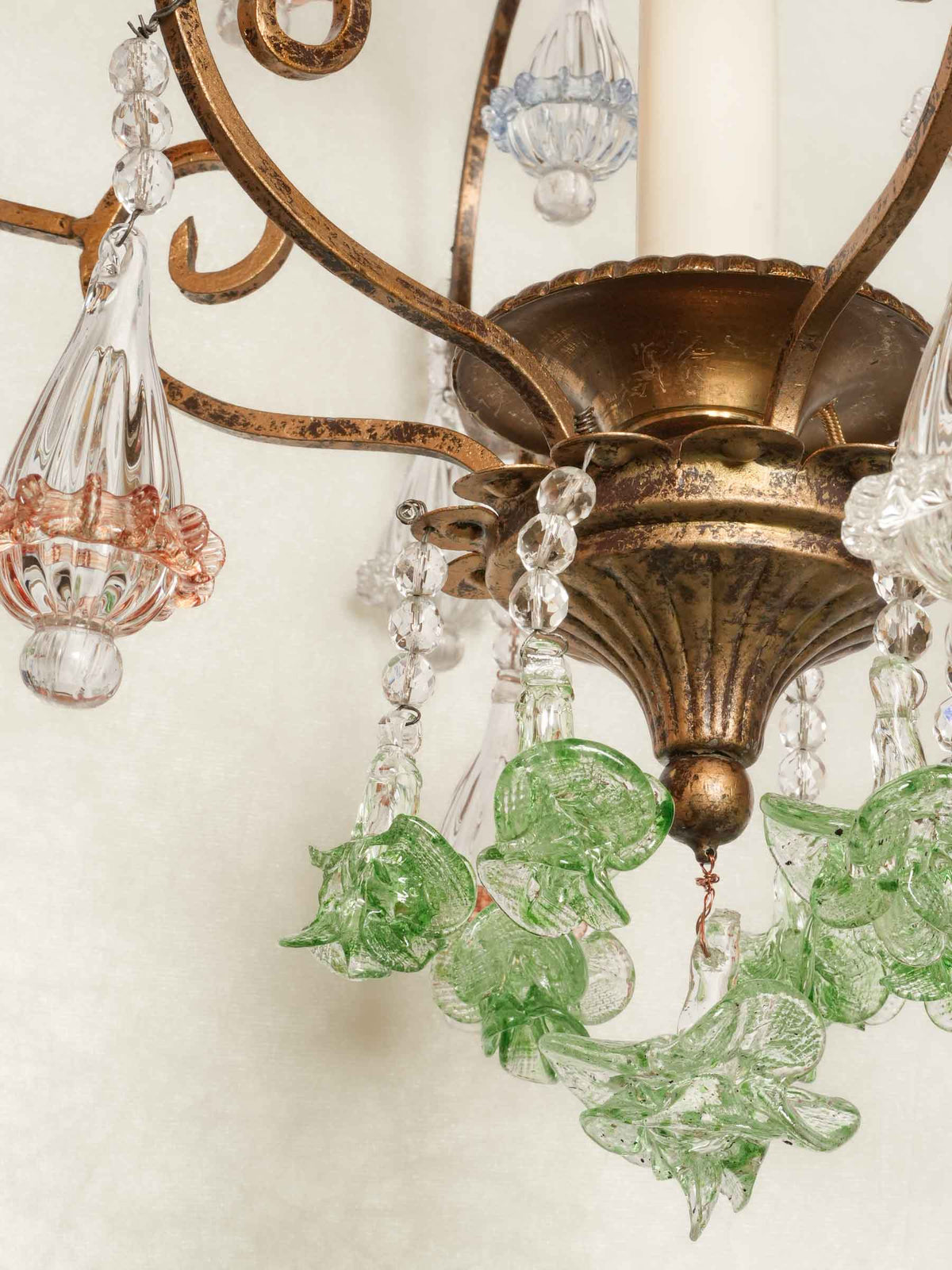 Small Gilt-Metal Cage Chandelier w/ Colored Murano Glass Pendants - 36¼" x 17"