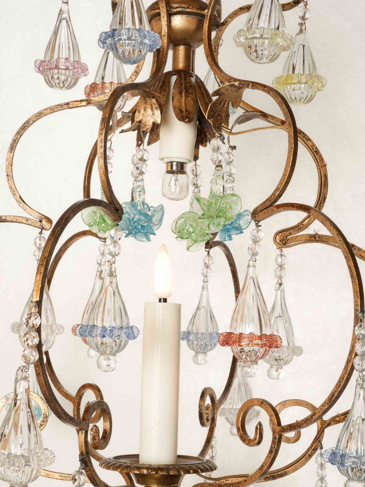 Small Gilt-Metal Cage Chandelier w/ Colored Murano Glass Pendants - 36¼" x 17"