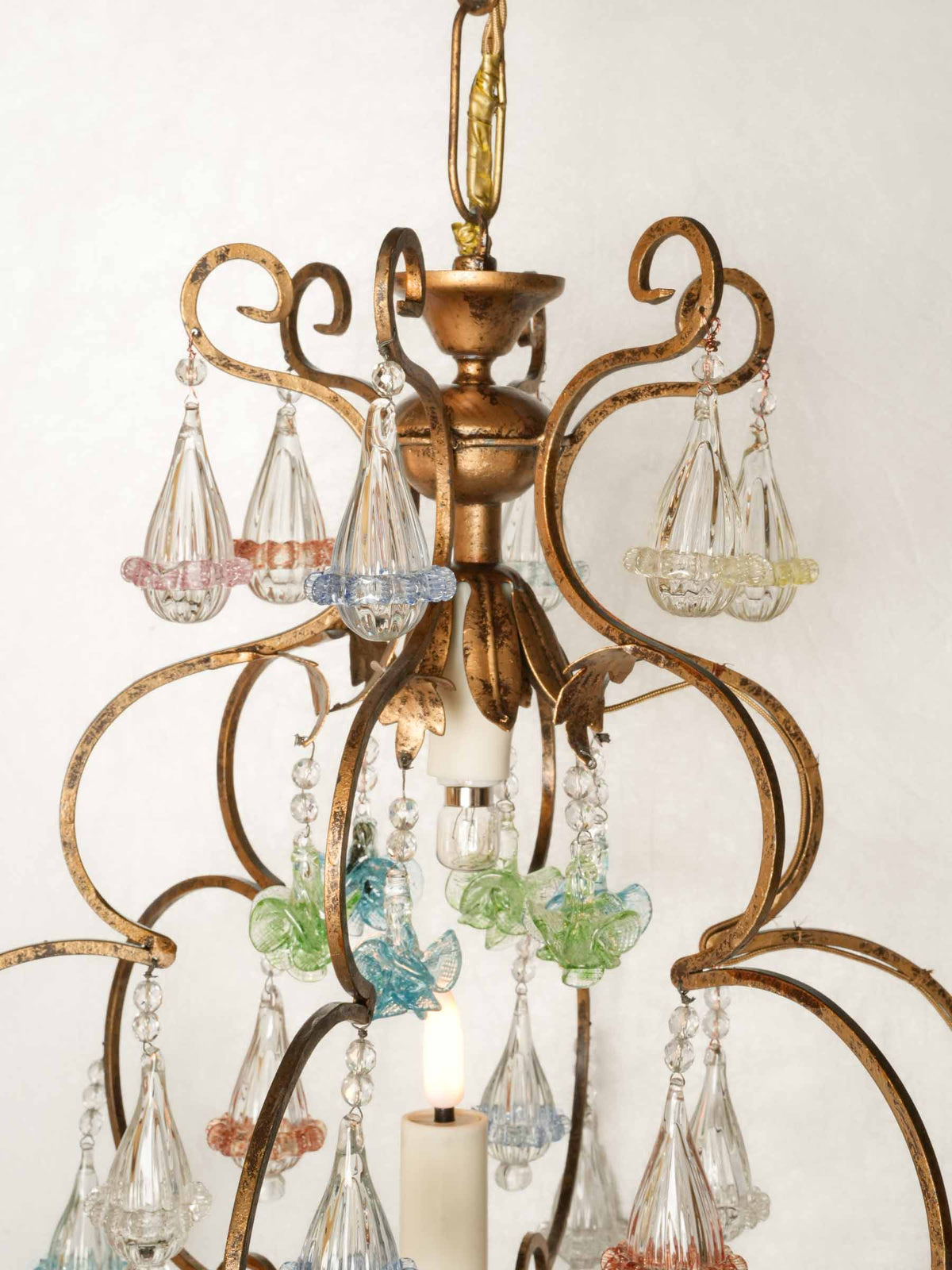 Small Gilt-Metal Cage Chandelier w/ Colored Murano Glass Pendants - 36¼" x 17"