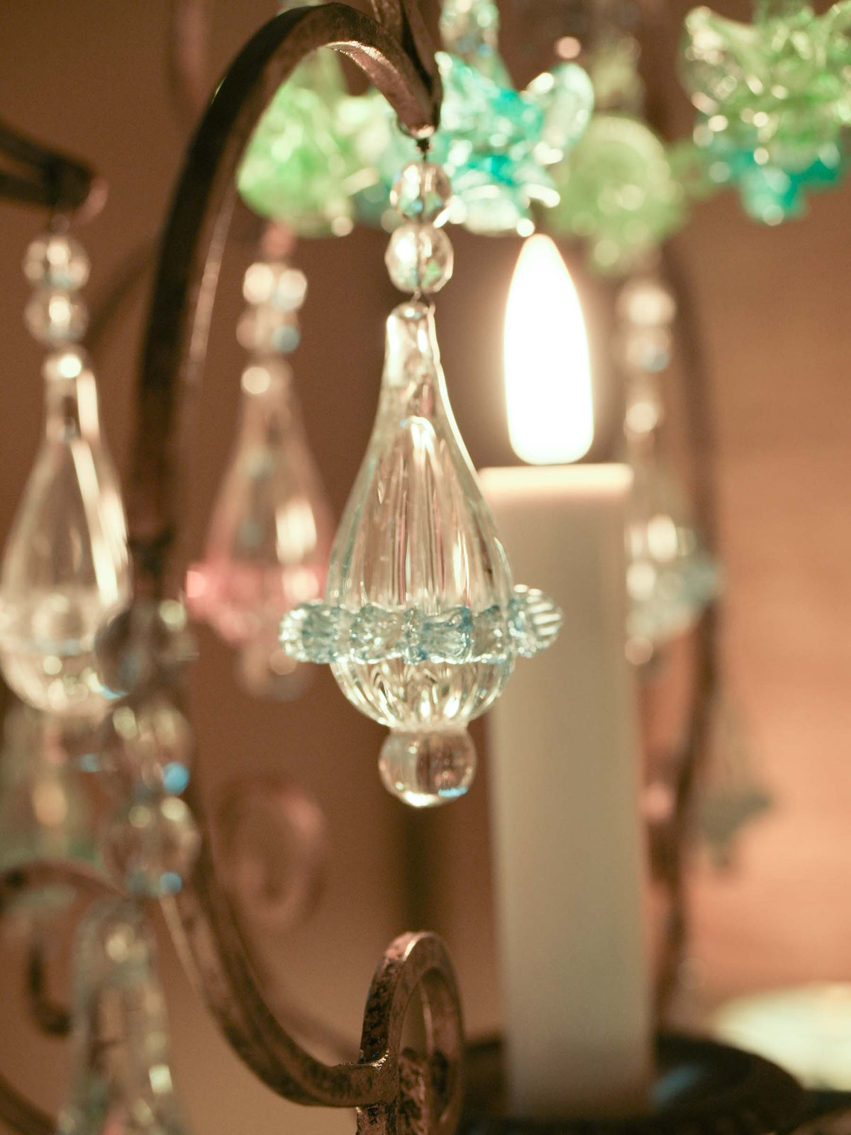 Small Gilt-Metal Cage Chandelier w/ Colored Murano Glass Pendants - 36¼" x 17"