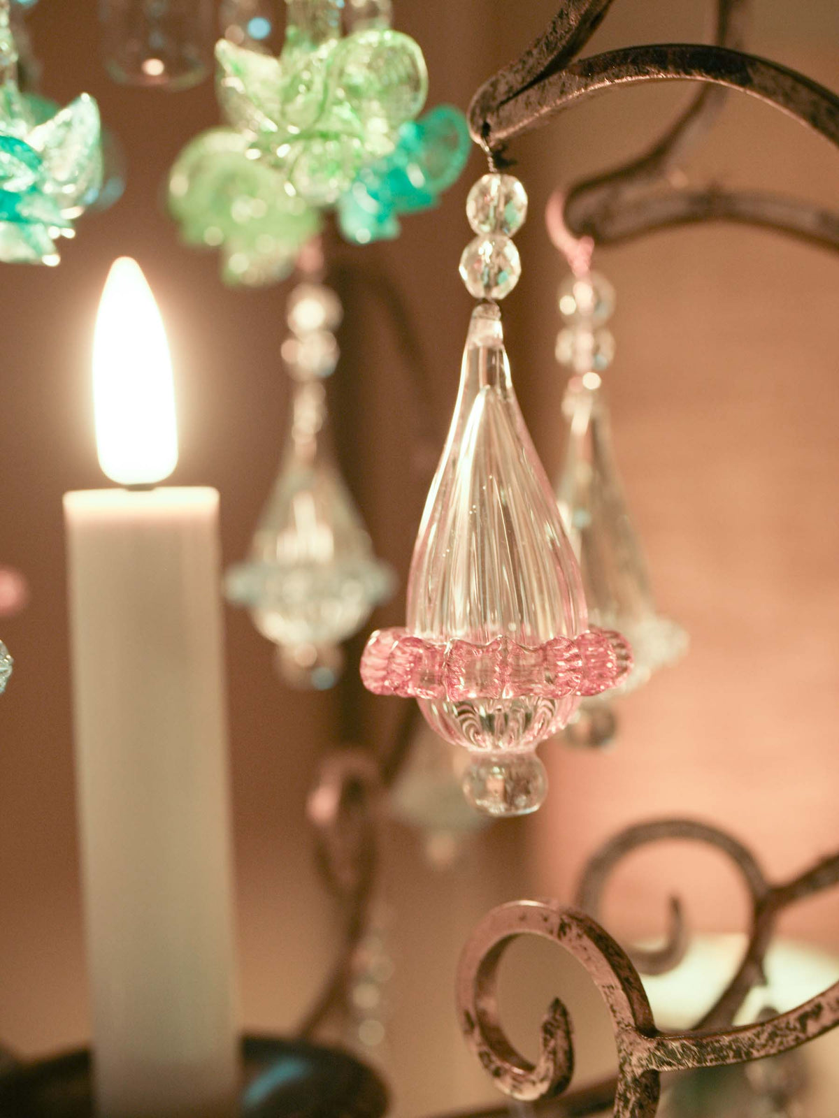 Small Gilt-Metal Cage Chandelier w/ Colored Murano Glass Pendants - 36¼" x 17"
