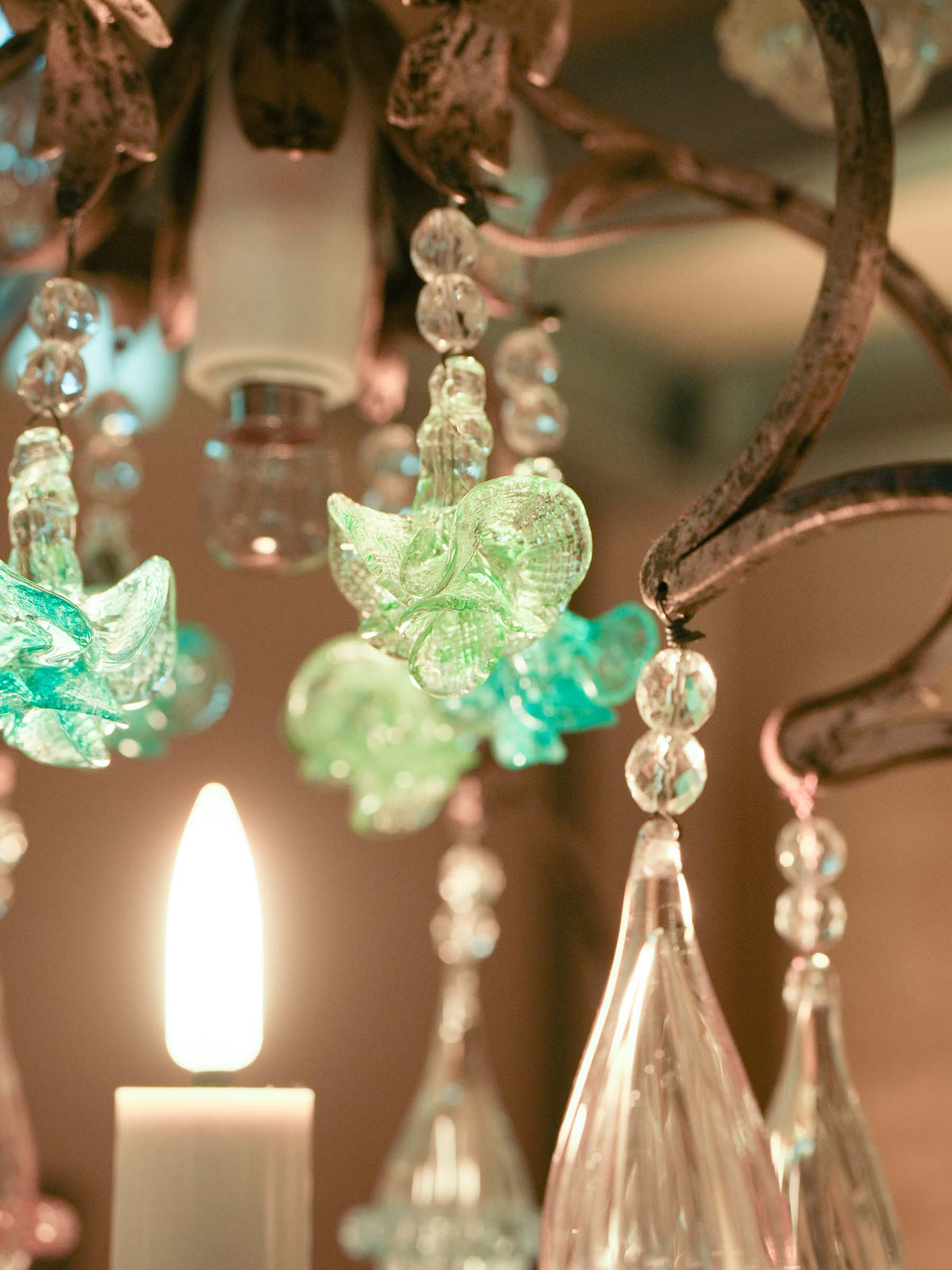 Small Gilt-Metal Cage Chandelier w/ Colored Murano Glass Pendants - 36¼" x 17"