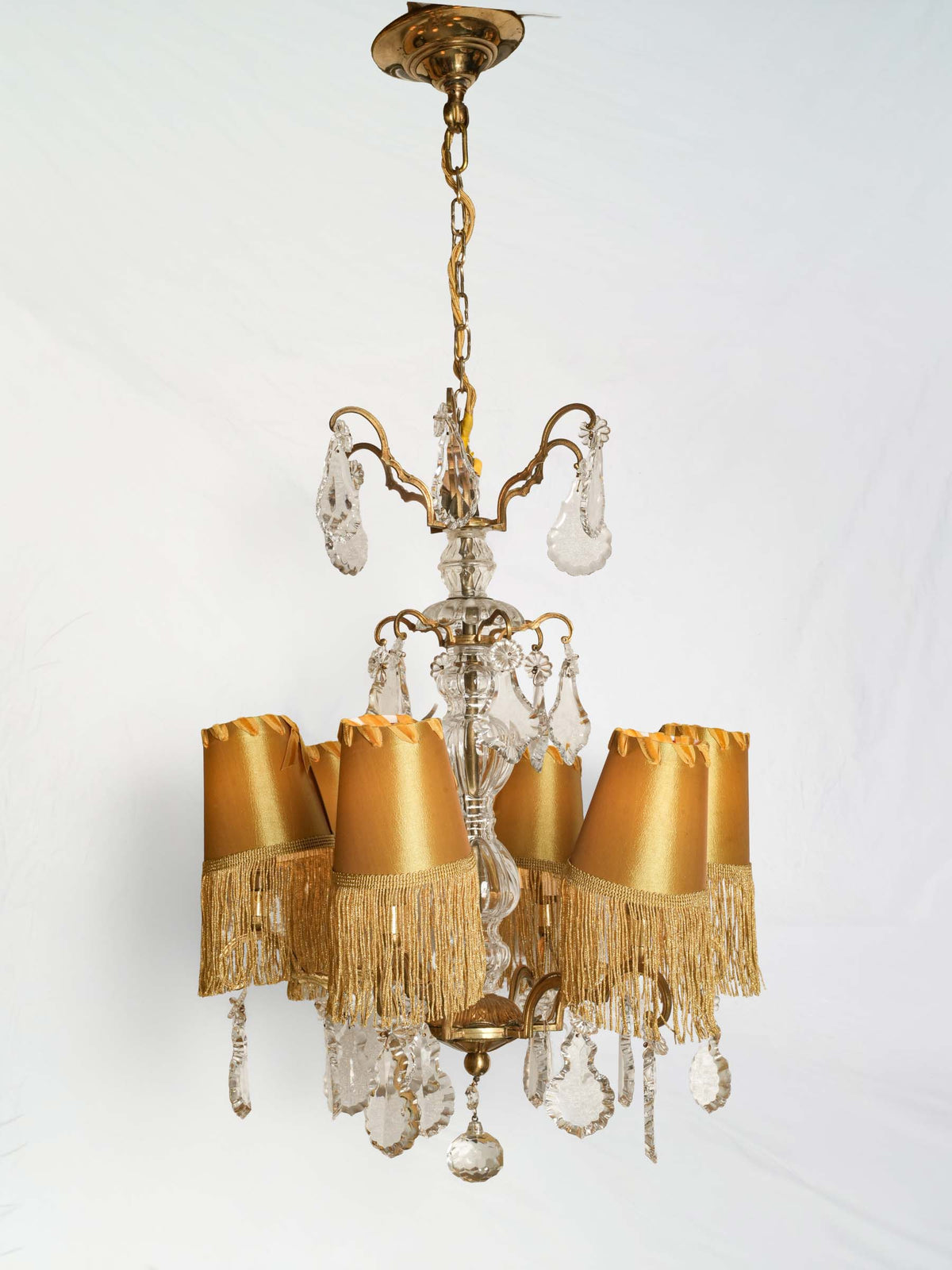 Glamorous Six-Light Chandelier w/ Glass Pendants and Fringed Shades - 32¾" x 17"