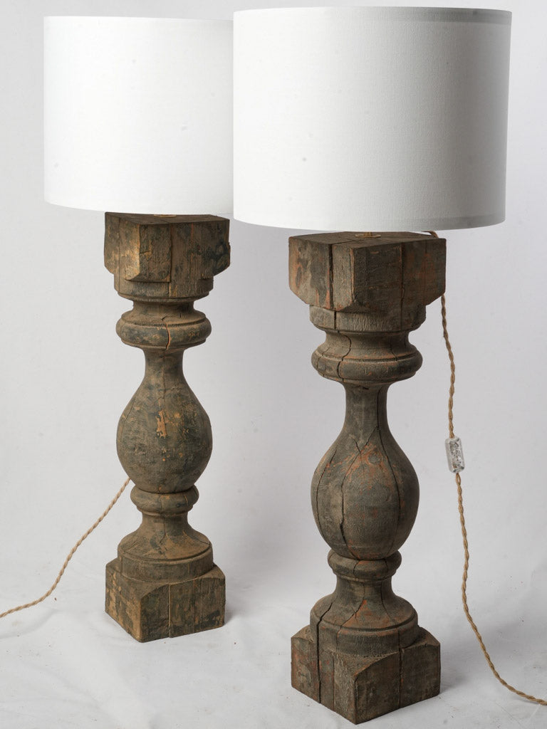 Pair of Large Table Lamps Made From Wood Balusters with Aged Patina