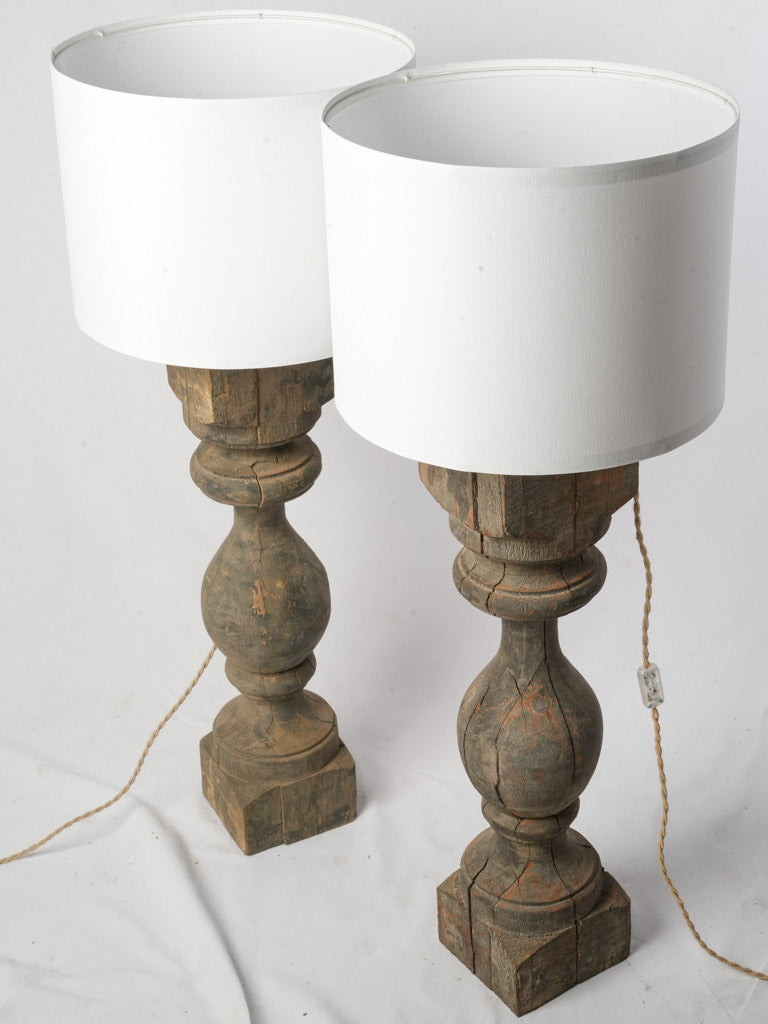 Pair of Large Table Lamps Made From Wood Balusters with Aged Patina - 43¼"