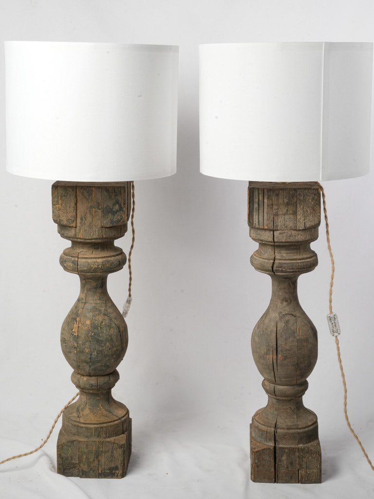 Pair of Large Table Lamps Made From Wood Balusters with Aged Patina - 43¼"