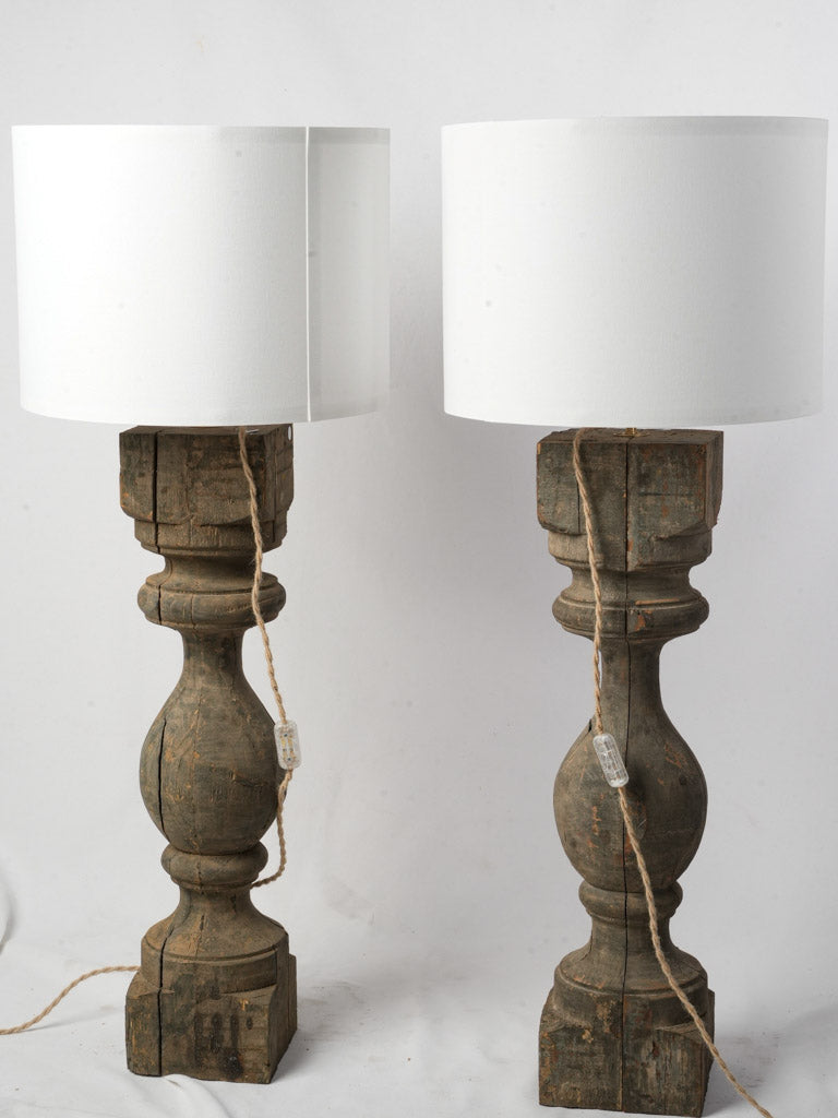 Pair of Large Table Lamps Made From Wood Balusters with Aged Patina - 43¼"