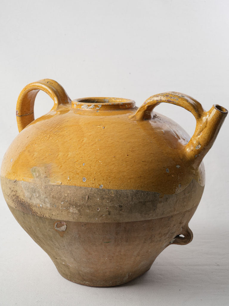 Large Antique French Water Jug W/ Bright Yellow Glaze