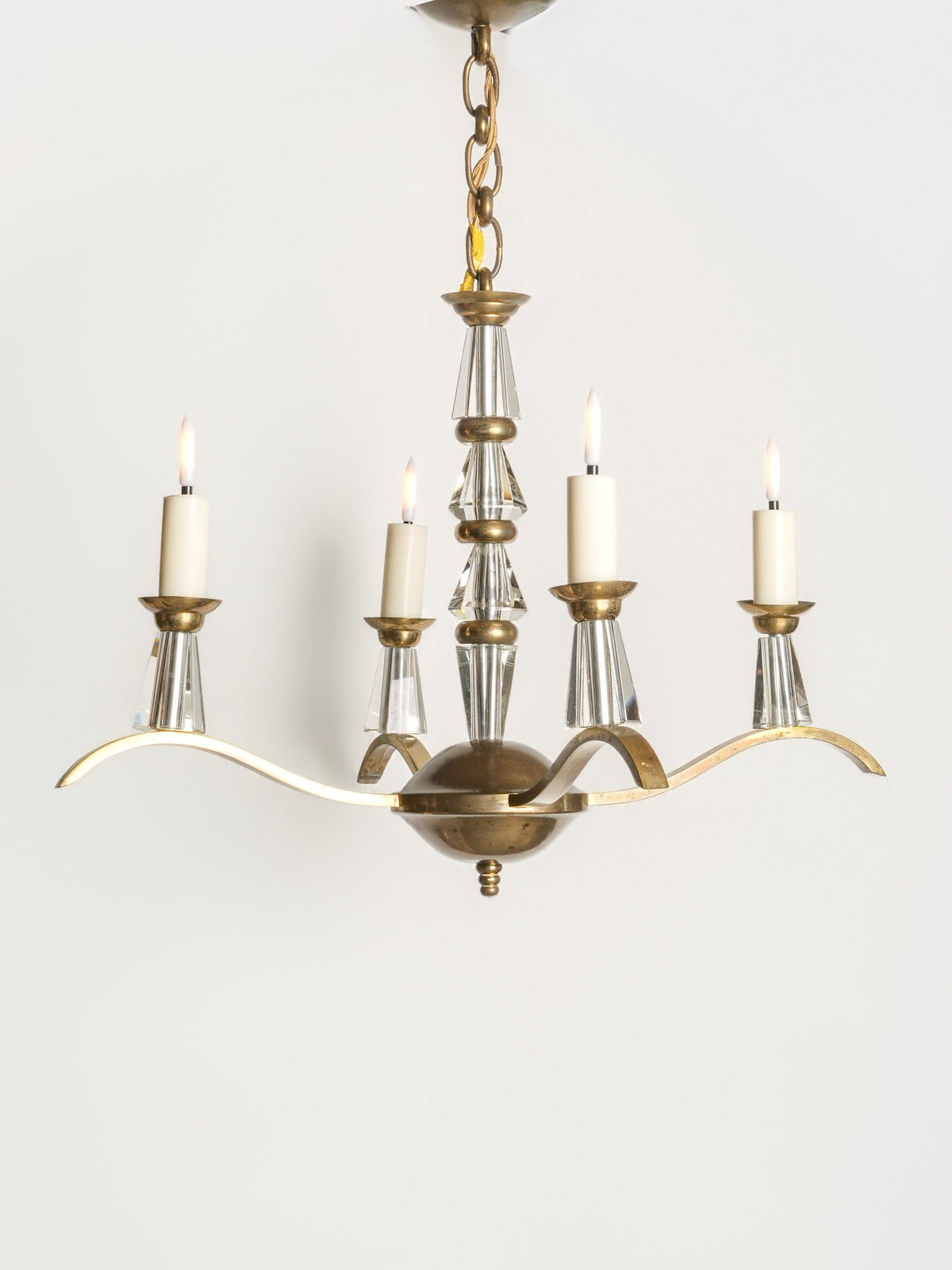 Elegant French Art Deco Brass and Cut-Crystal Four-Light Chandelier, in the Style of Adnet - 23¼" x 20¾"