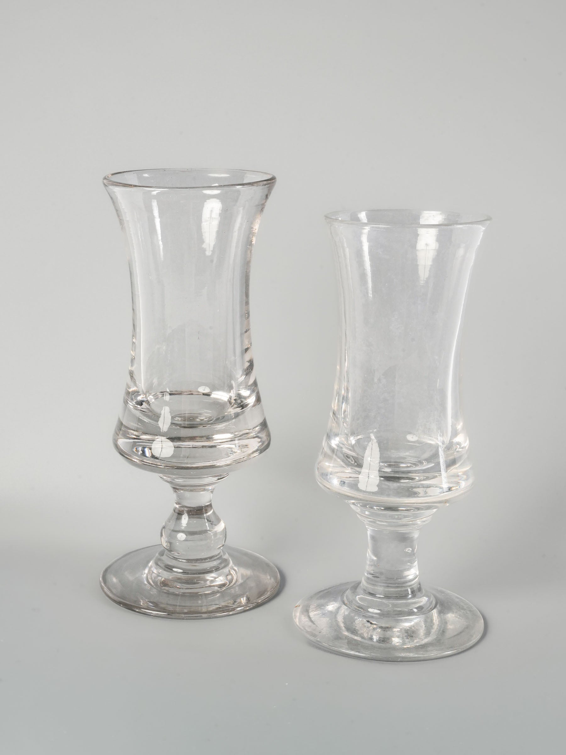Near pair of French antique blown glass absinthe bistro glasses
