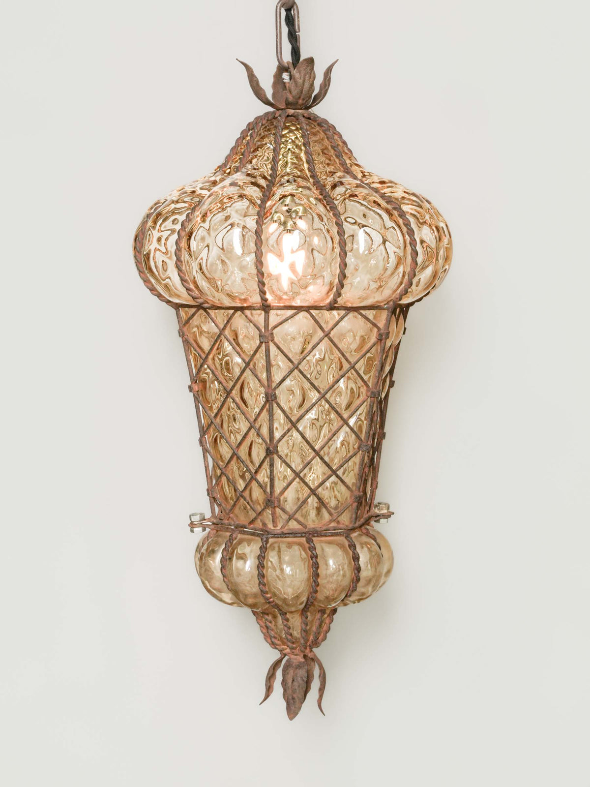 Murano Mouth-Blown Glass Lantern w/ Intricate Wire Cage - 19¼"