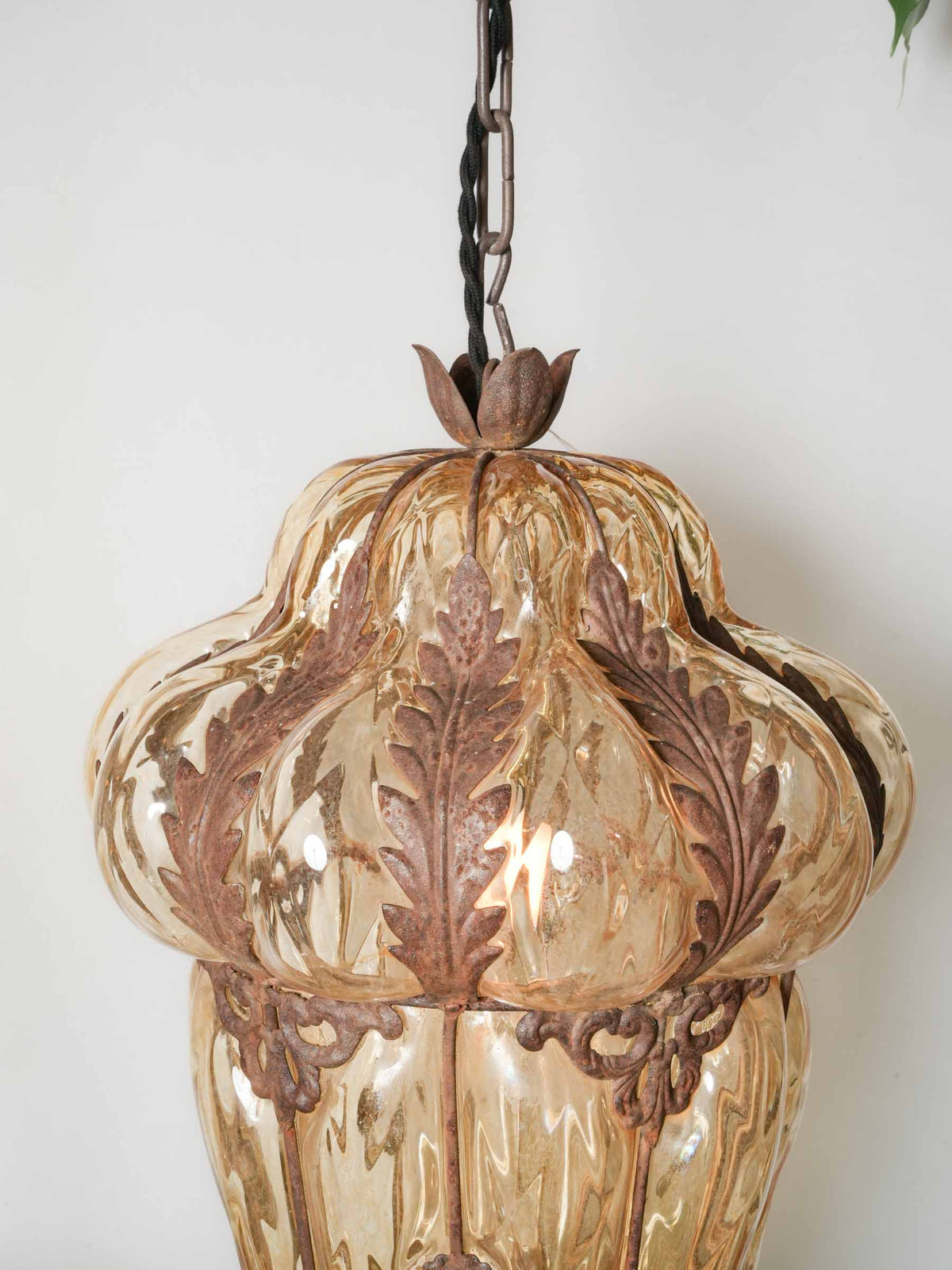 Mid-Century Murano Amber Glass Lantern w/ Ornate Iron Cage - 21¼"