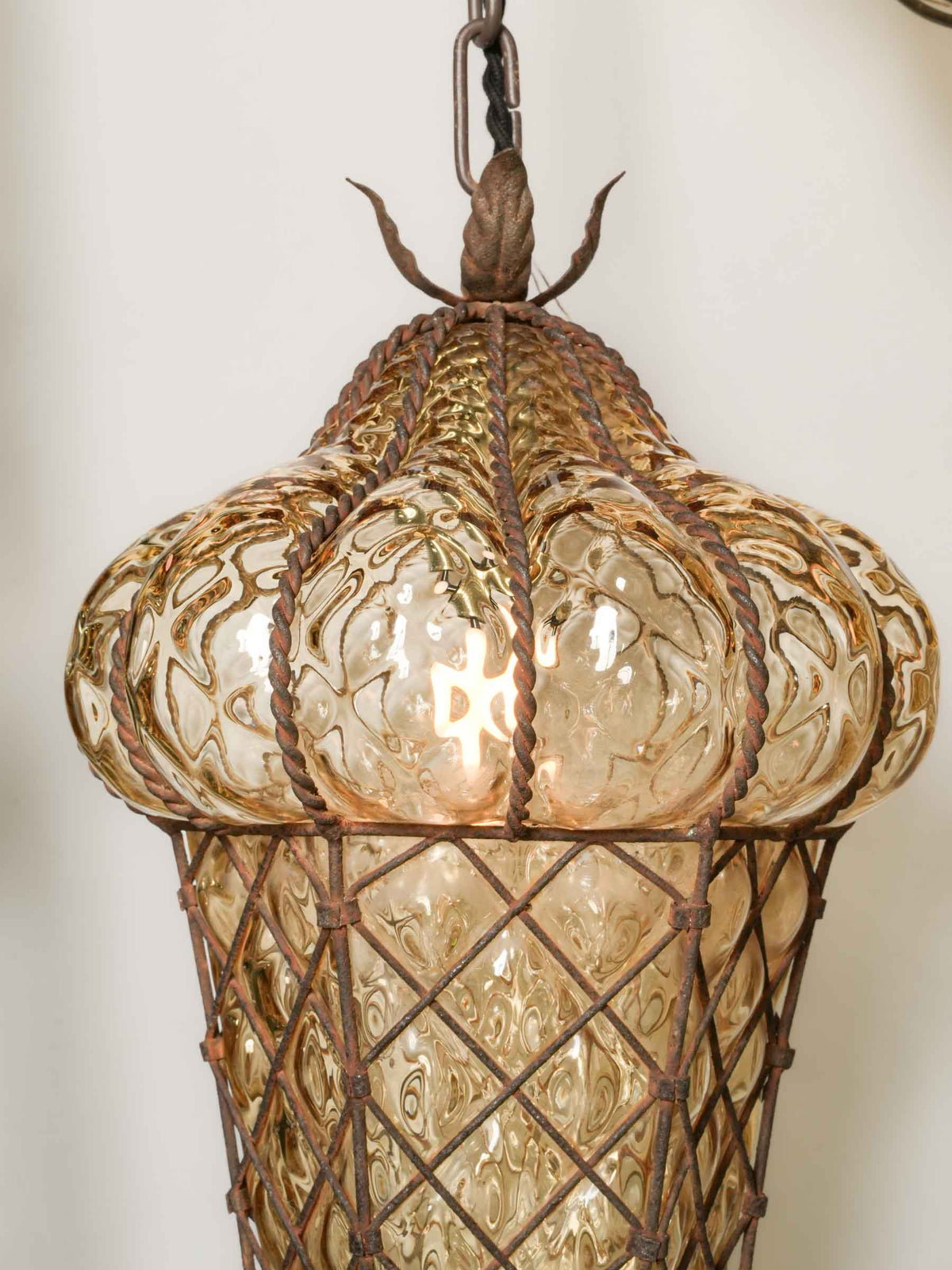 Murano Mouth-Blown Glass Lantern w/ Intricate Wire Cage - 19¼"