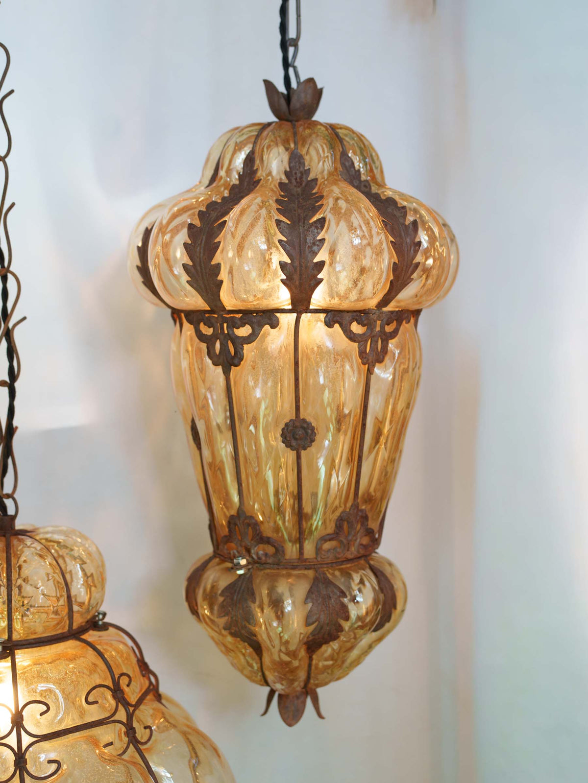 Mid-Century Murano Amber Glass Lantern w/ Ornate Iron Cage - 21¼"