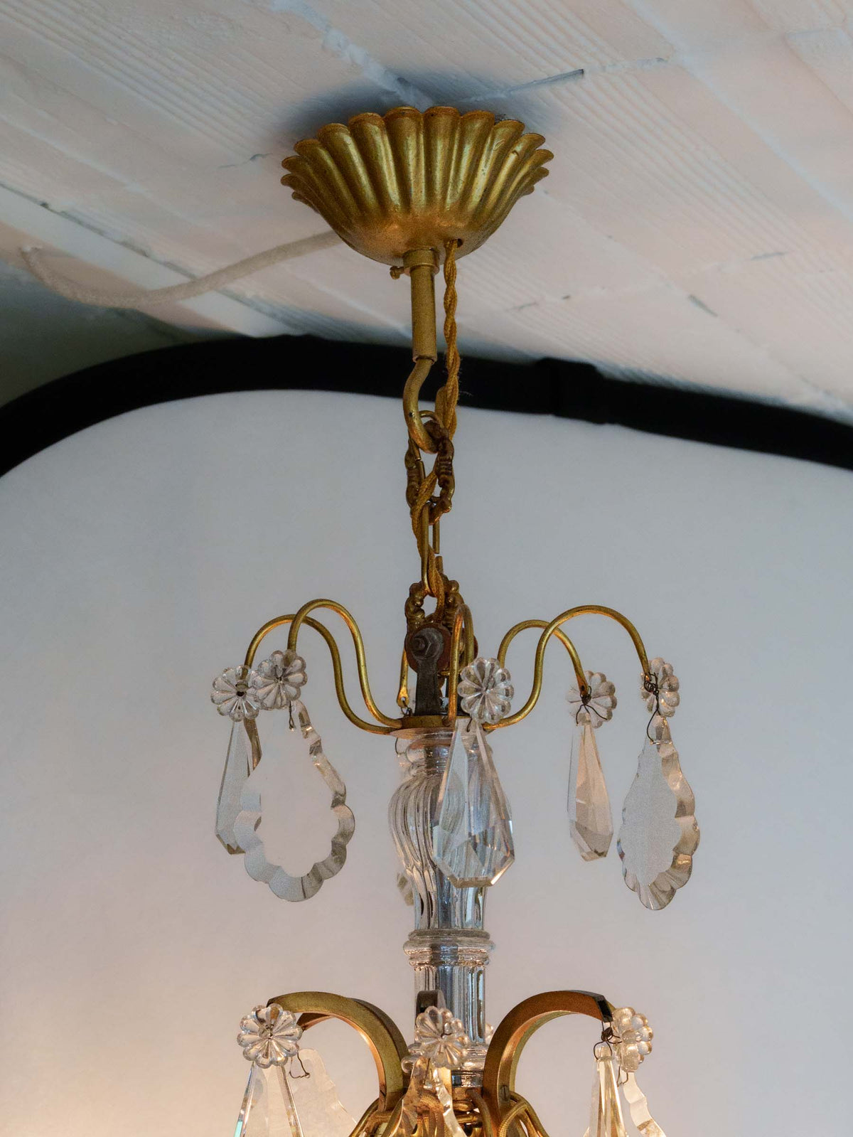 Graceful Mid-Century French Six-Light Gilt-Metal Chandelier w/ Glass Pendants - 29¼"
