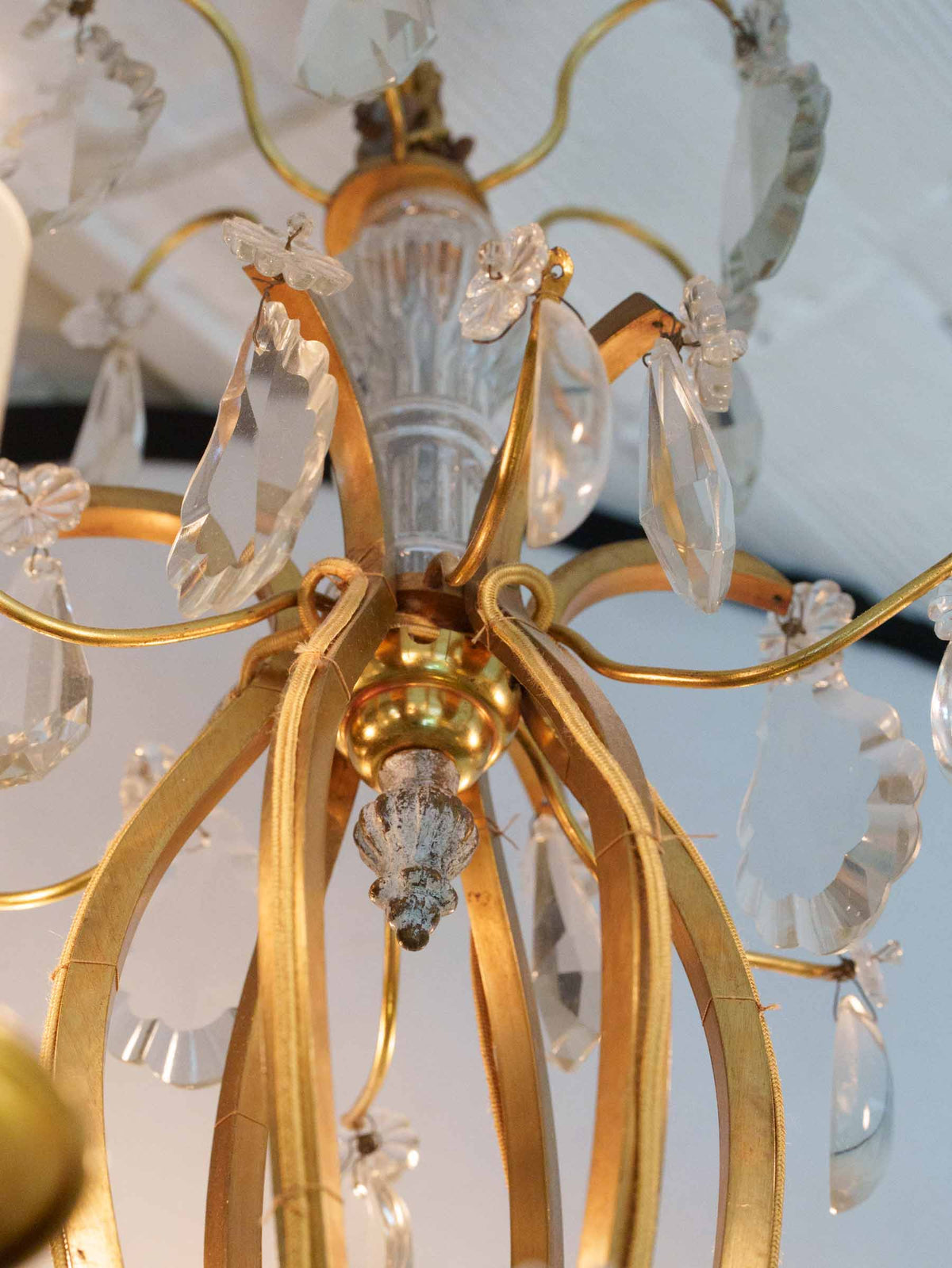 Graceful Mid-Century French Six-Light Gilt-Metal Chandelier w/ Glass Pendants - 29¼"