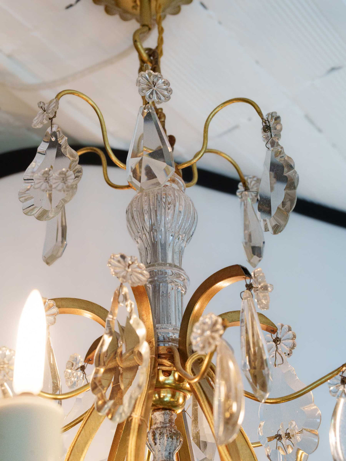 Graceful Mid-Century French Six-Light Gilt-Metal Chandelier w/ Glass Pendants - 29¼"