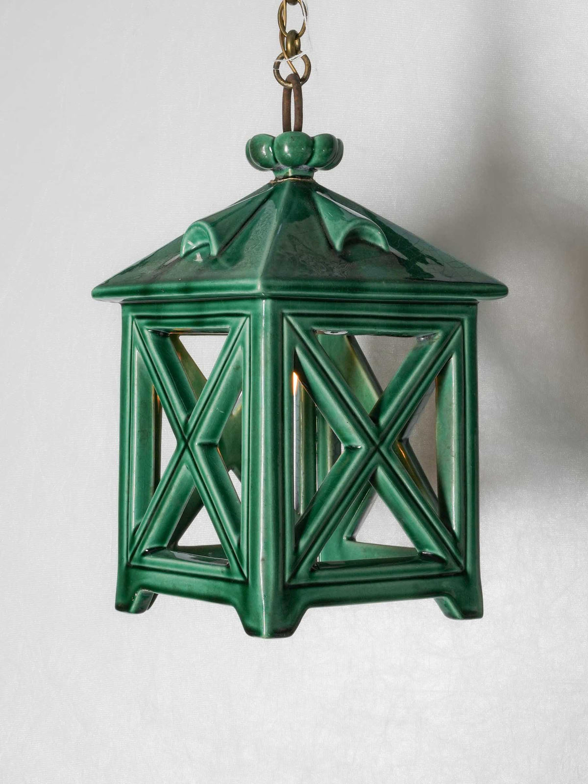 Vintage French Green-Glazed Ceramic Pendant Light - 22" x 6¼"