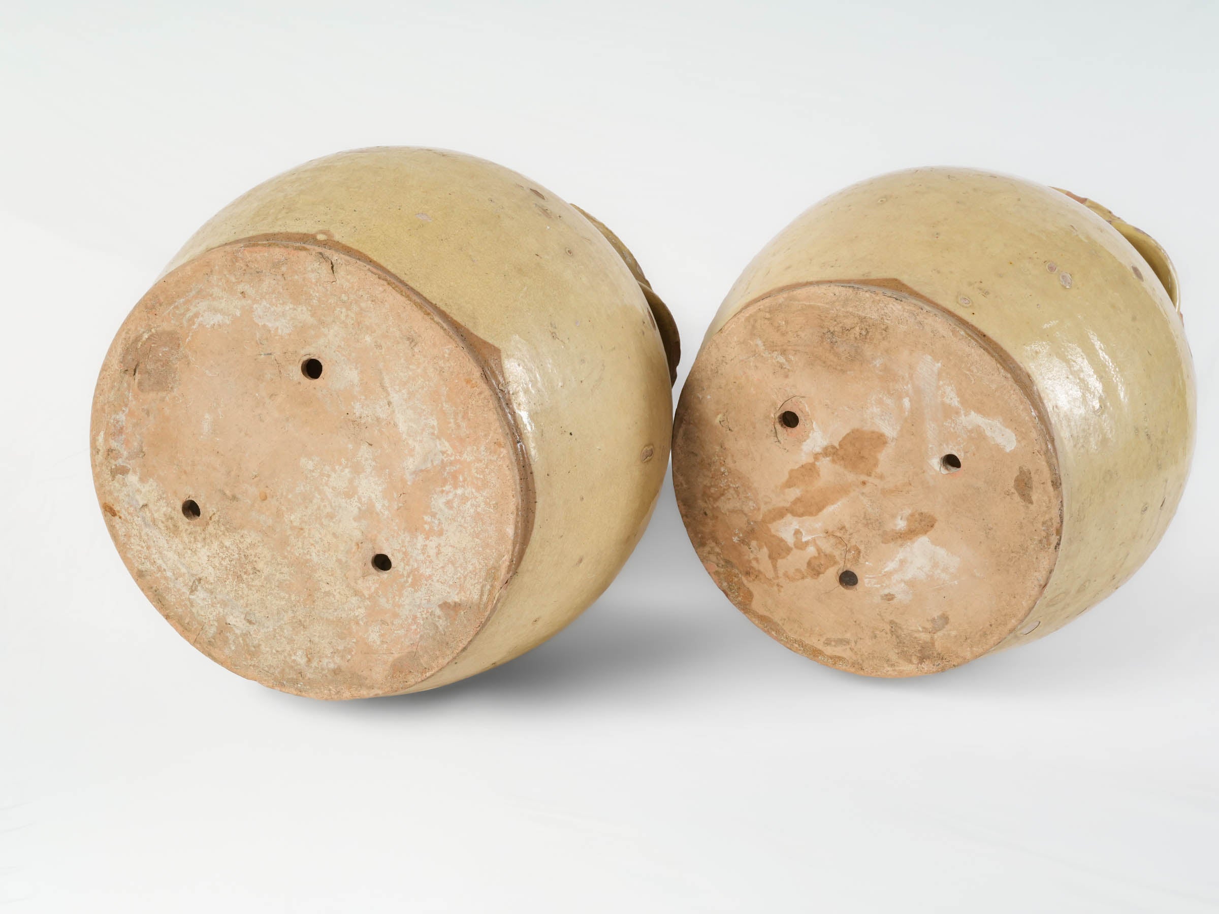 Rare pair of Large pale yellow glazed preserving crocks - 12½" x 11"