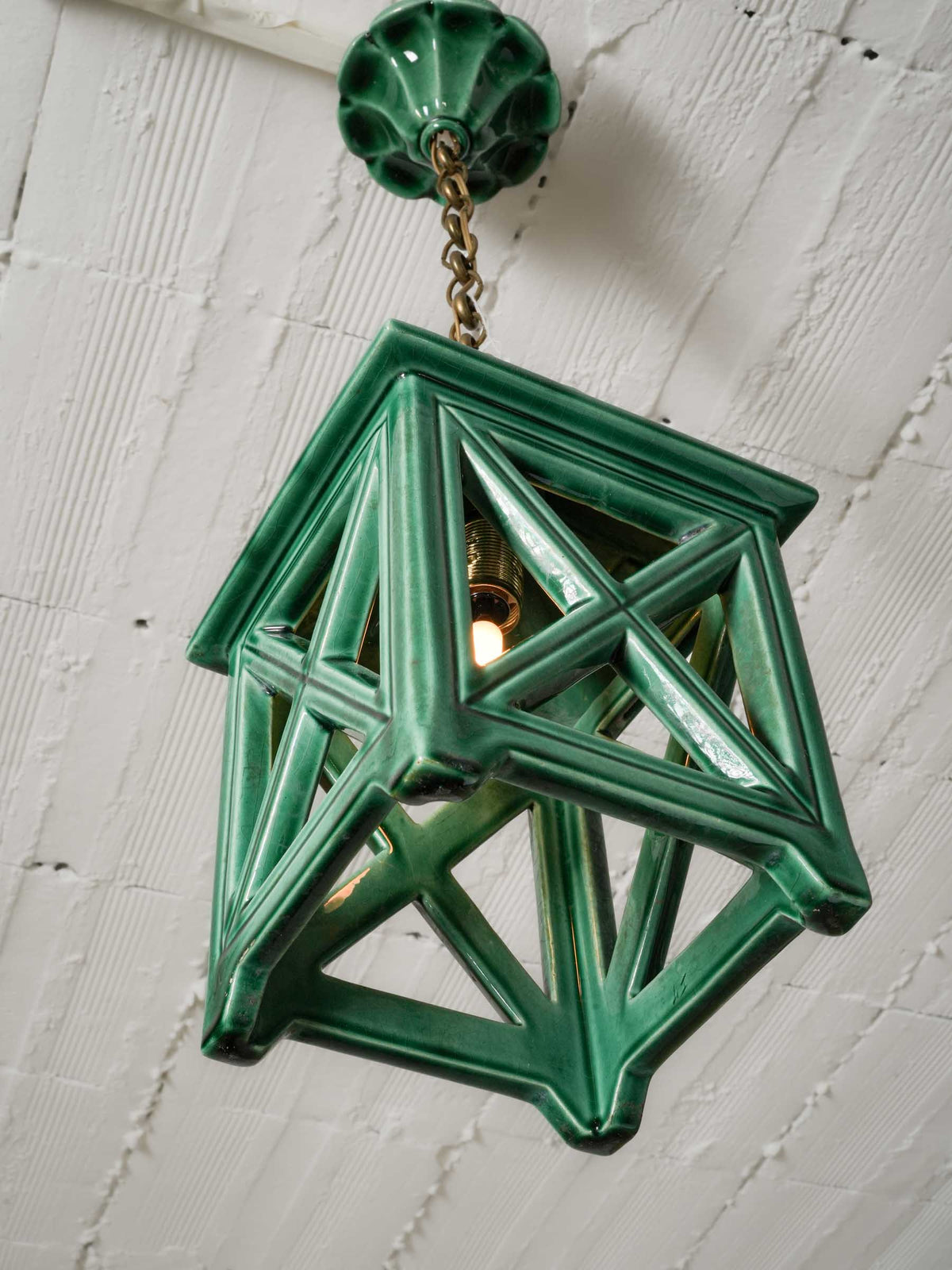 Vintage French Green-Glazed Ceramic Pendant Light - 22" x 6¼"