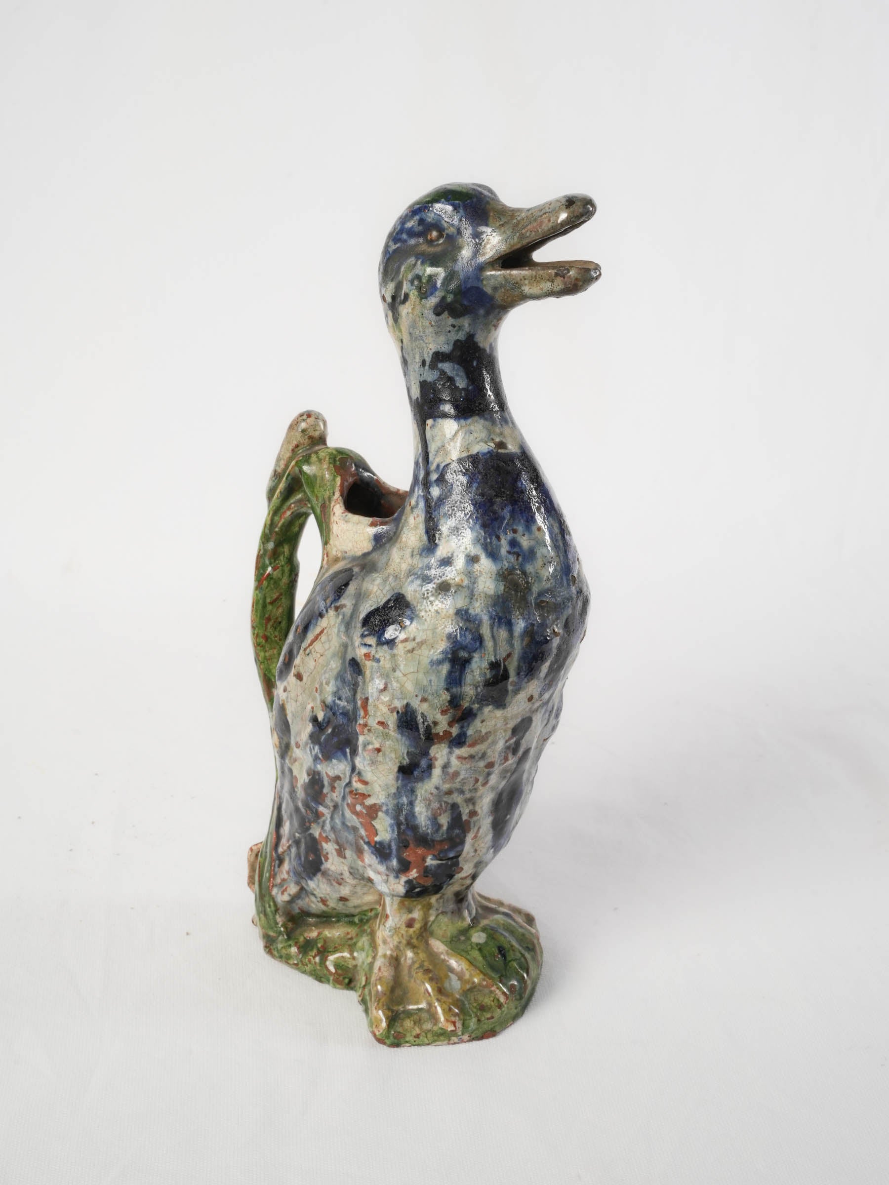 Antique French duck-shaped ceramic pitcher w/ open beak 15"