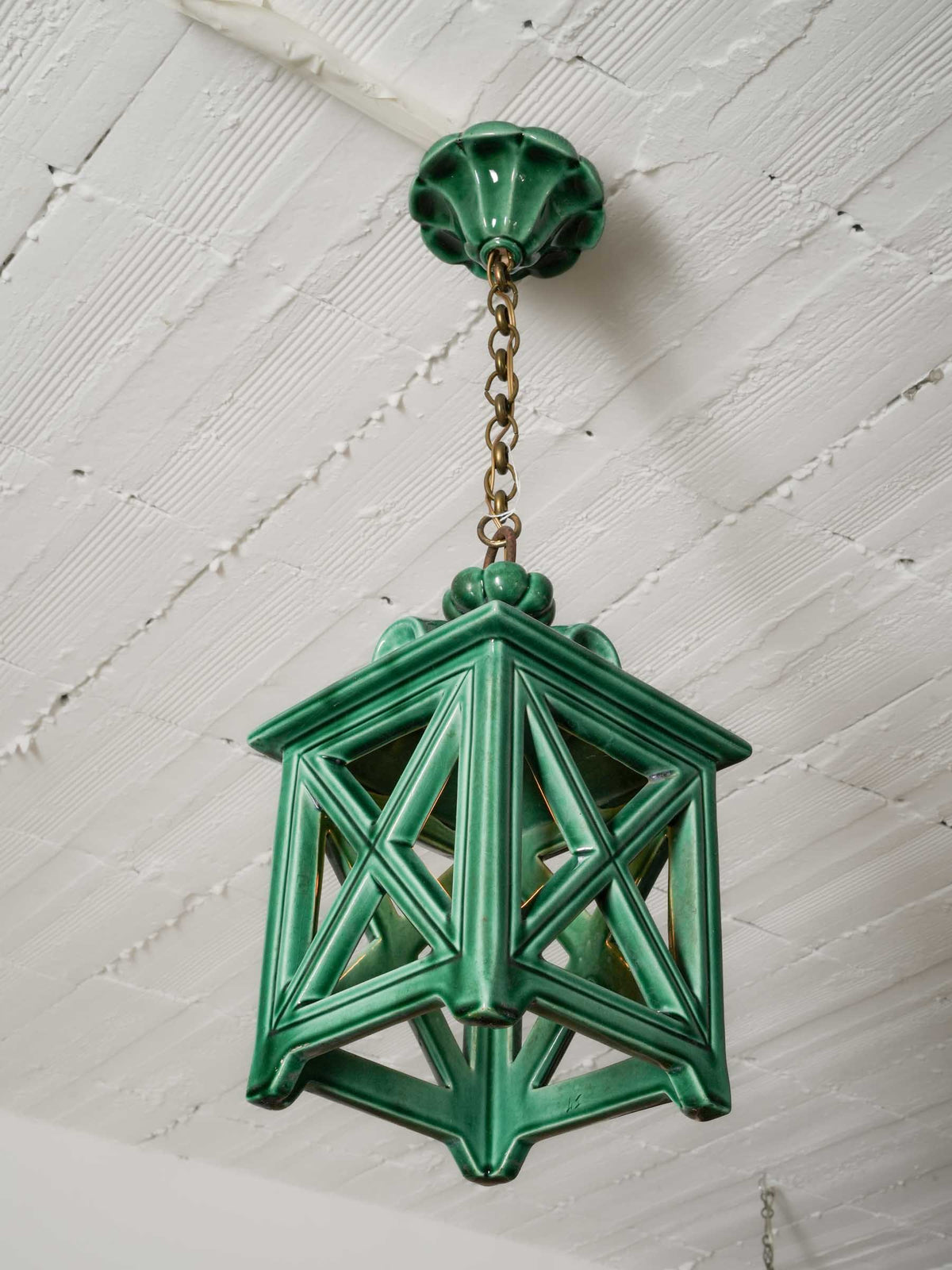 Vintage French Green-Glazed Ceramic Pendant Light - 22" x 6¼"