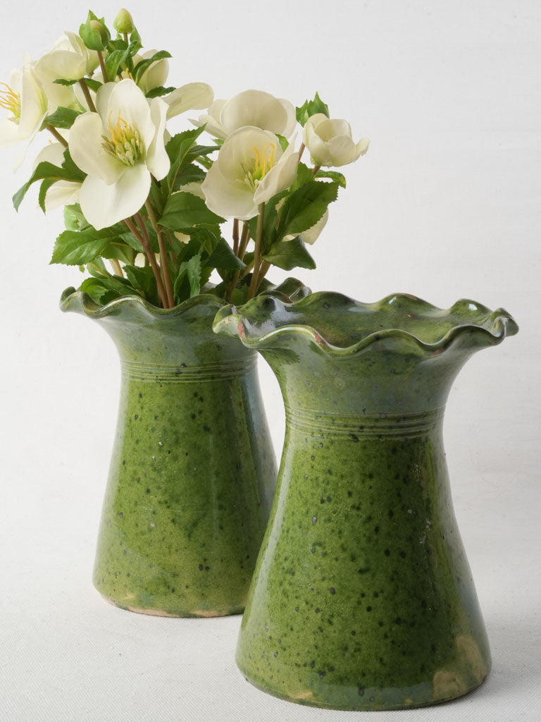 Pair Of Early 20th-Century Southwestern French Ceramic Vases W/ Green Glaze - 8"