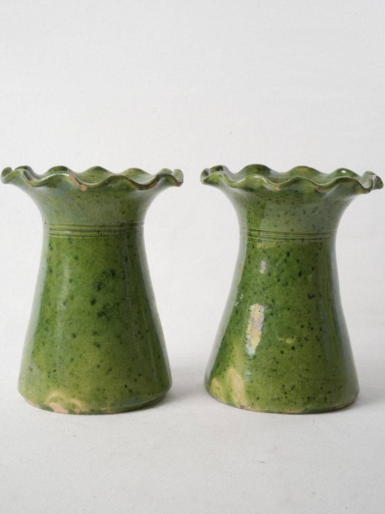 Pair Of Early 20th-Century Southwestern French Ceramic Vases W/ Green Glaze - 8"