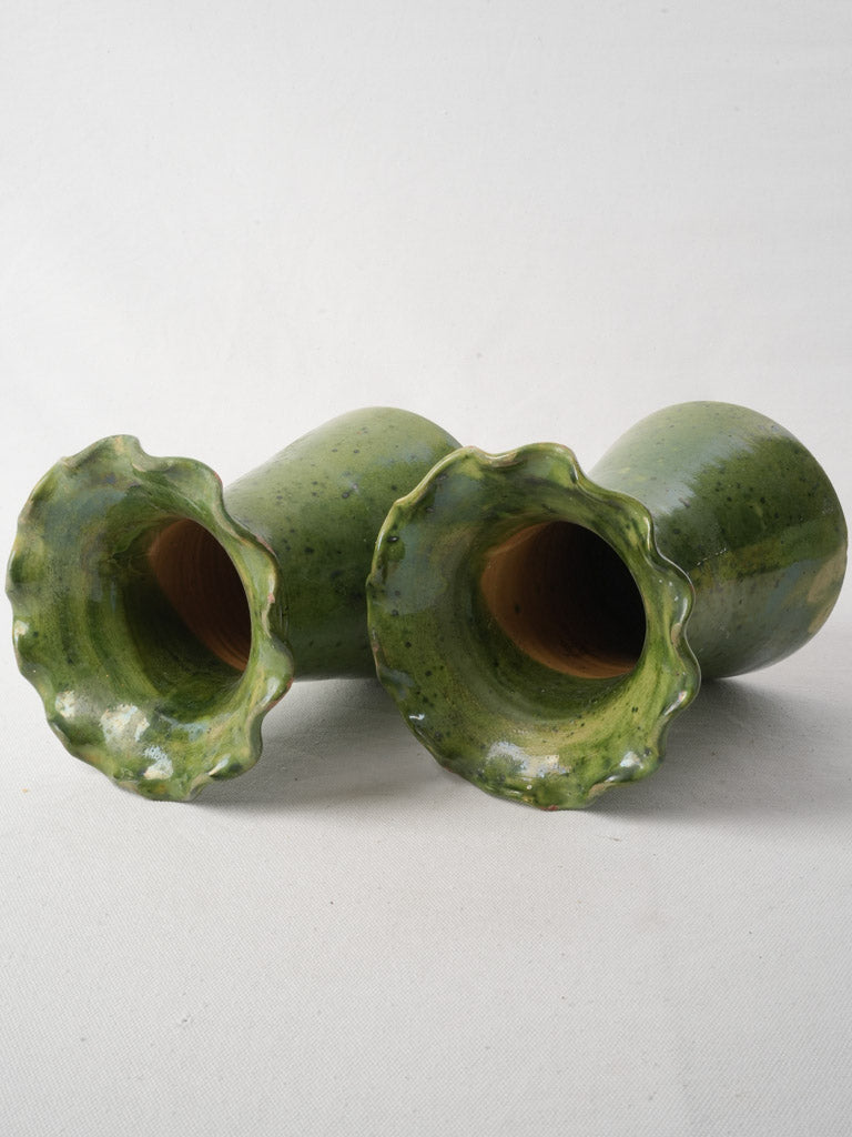 Pair Of Early 20th-Century Southwestern French Ceramic Vases W/ Green Glaze - 8"
