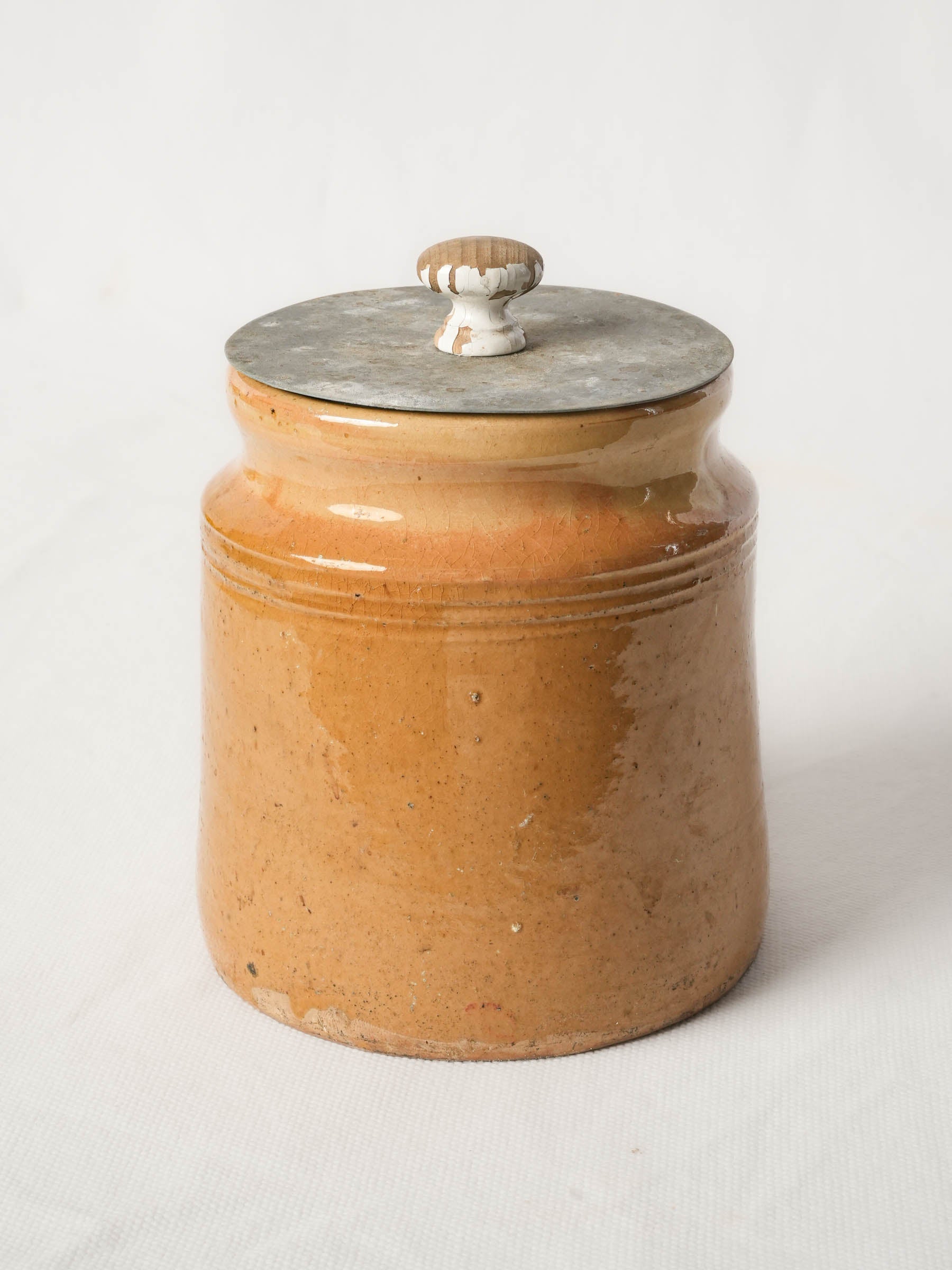 Antique French terracotta jam pot, ochre glaze w/ lid - 6¼"