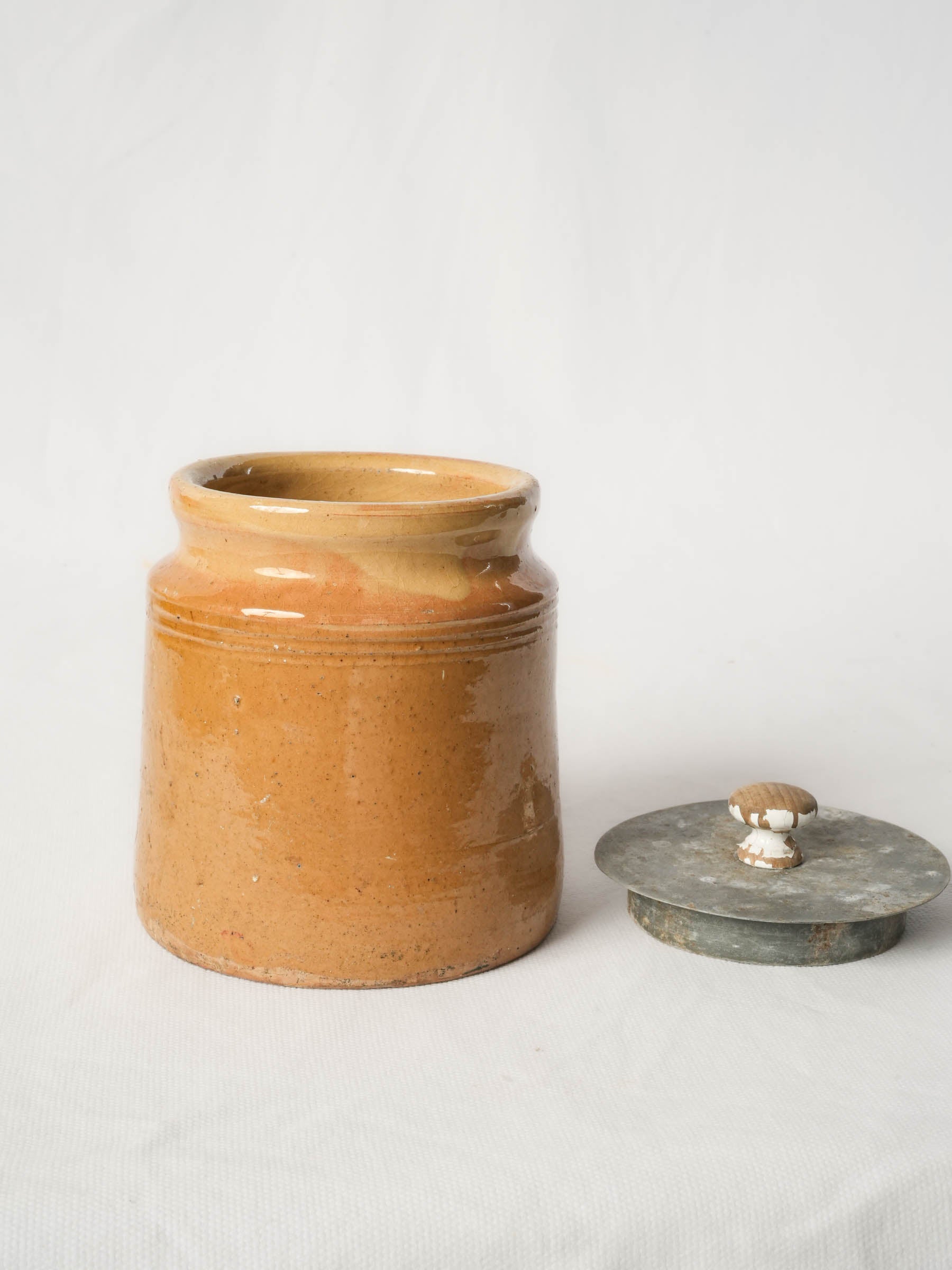 Antique French terracotta jam pot, ochre glaze w/ lid - 6¼"