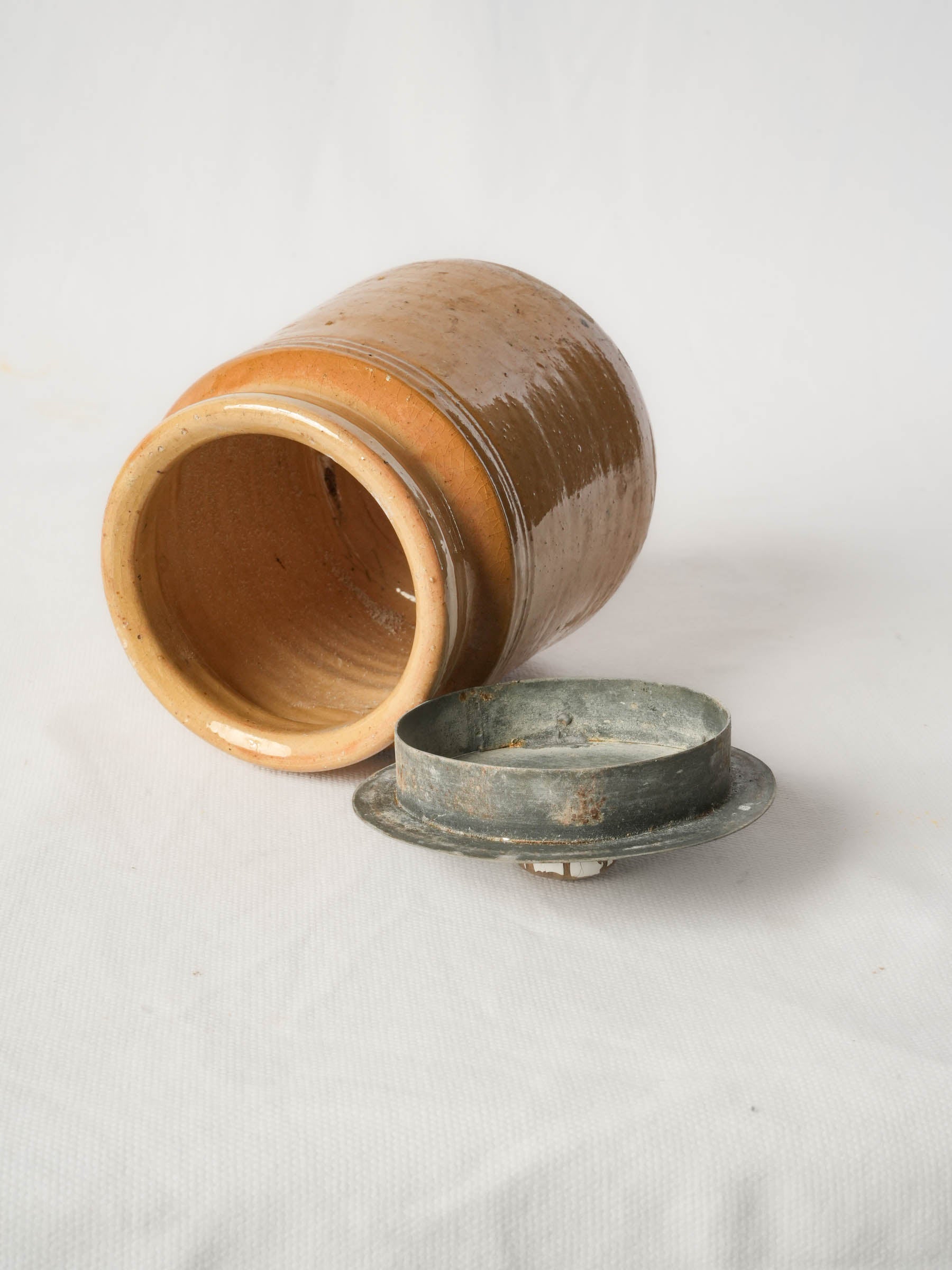Antique French terracotta jam pot, ochre glaze w/ lid - 6¼"
