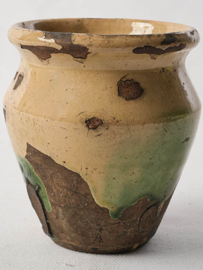 Petite Antique French Ceramic Pot W/ Beige And Green Glaze - 4¾"