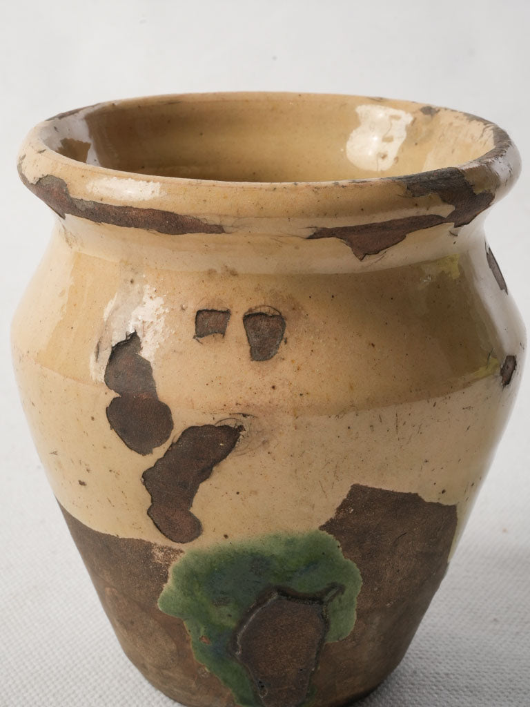 Petite Antique French Ceramic Pot W/ Beige And Green Glaze - 4¾"