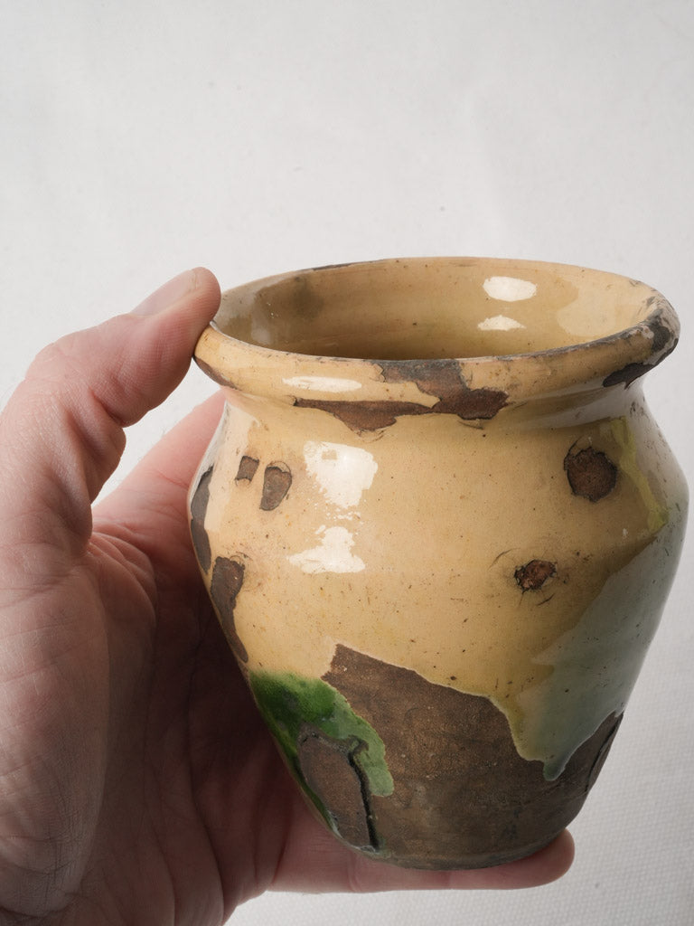 Petite Antique French Ceramic Pot W/ Beige And Green Glaze - 4¾"
